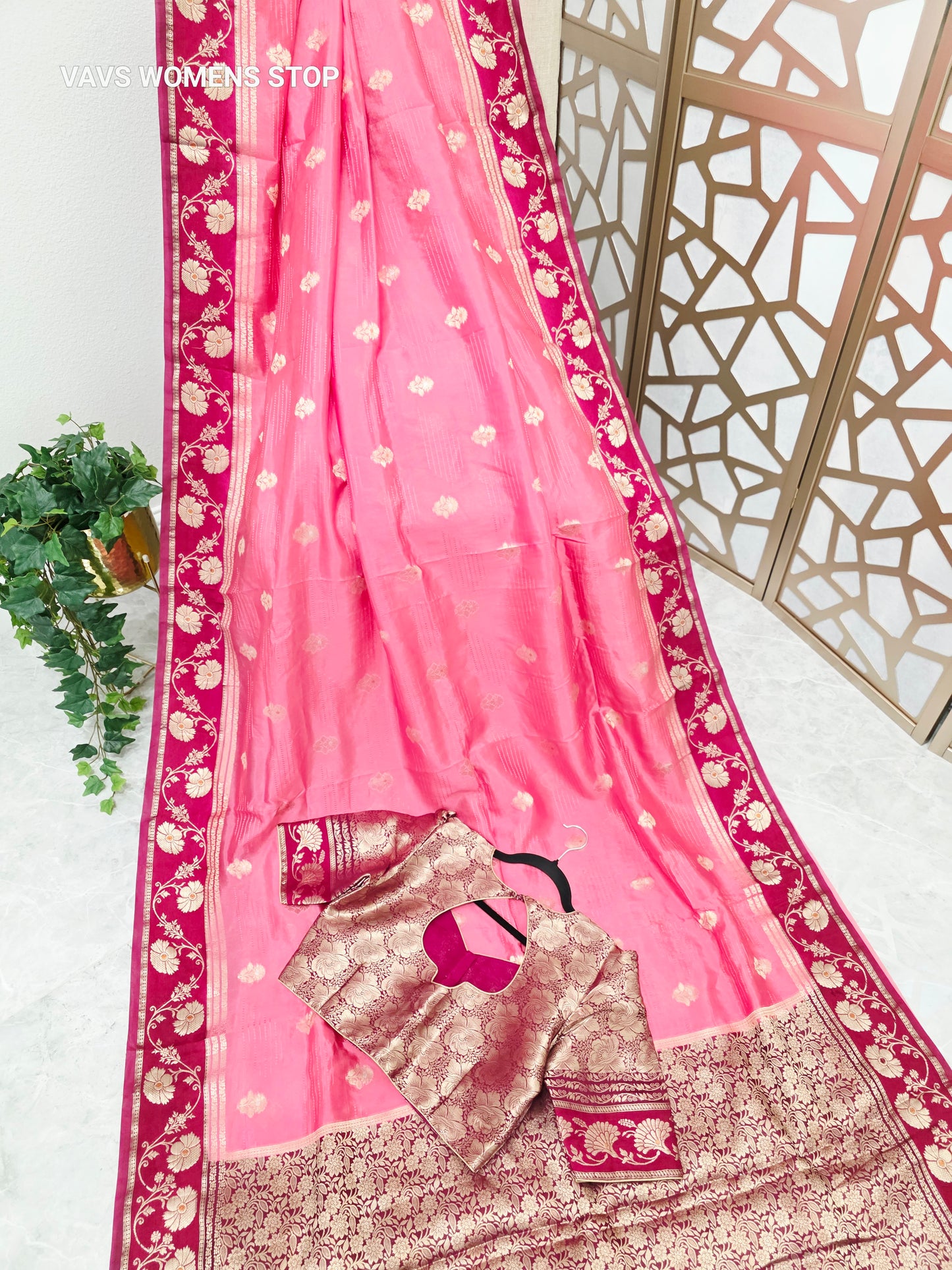 Rose Pink Soft Benarasi Silk Saree with Wine-Maroon Floral Borders & Gold Brocade Stitched Blouse Size 38, Extendable to 44