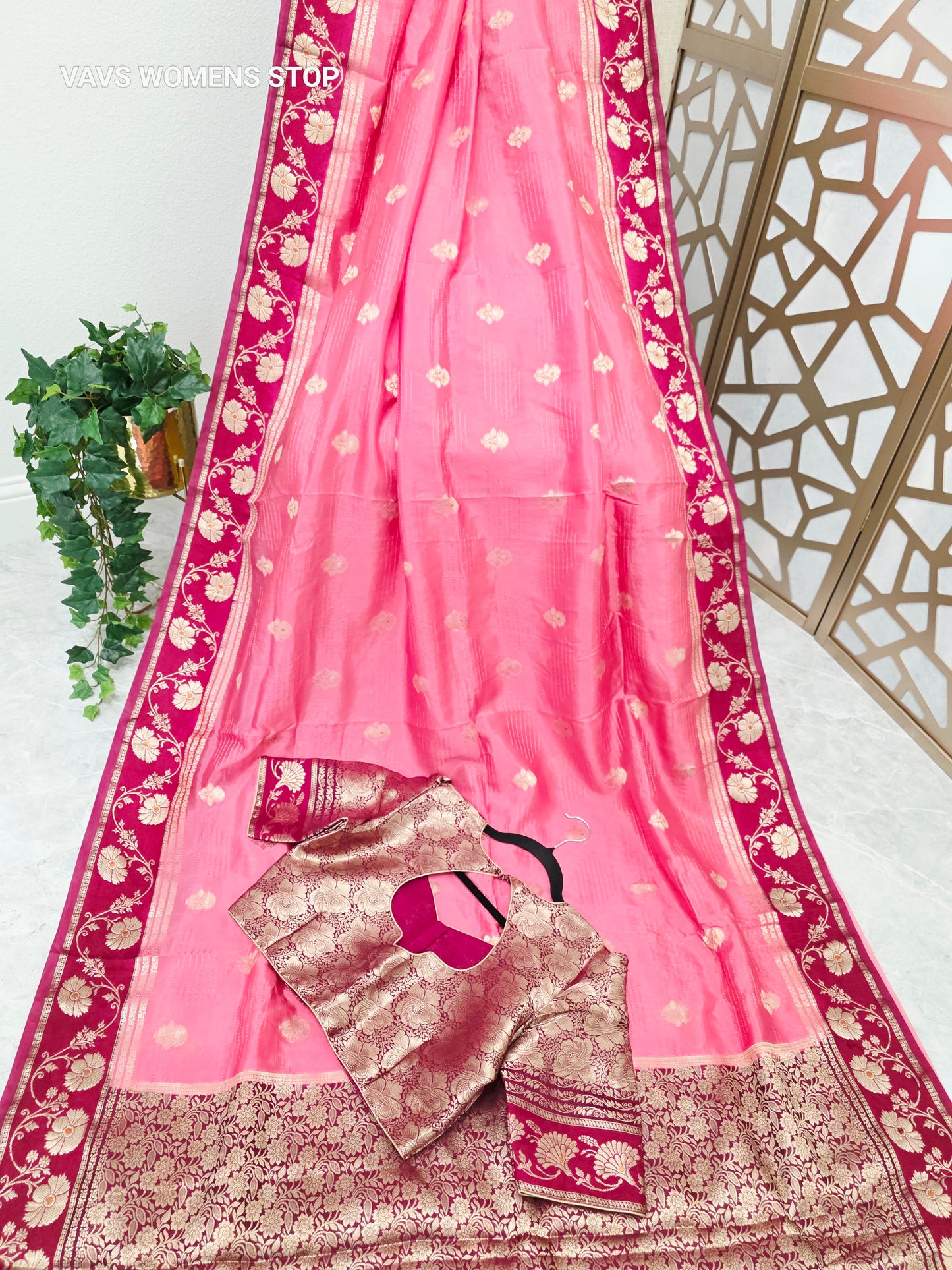 Rose Pink Soft Benarasi Silk Saree with Wine-Maroon Floral Borders & Gold Brocade Stitched Blouse Size 38, Extendable to 44