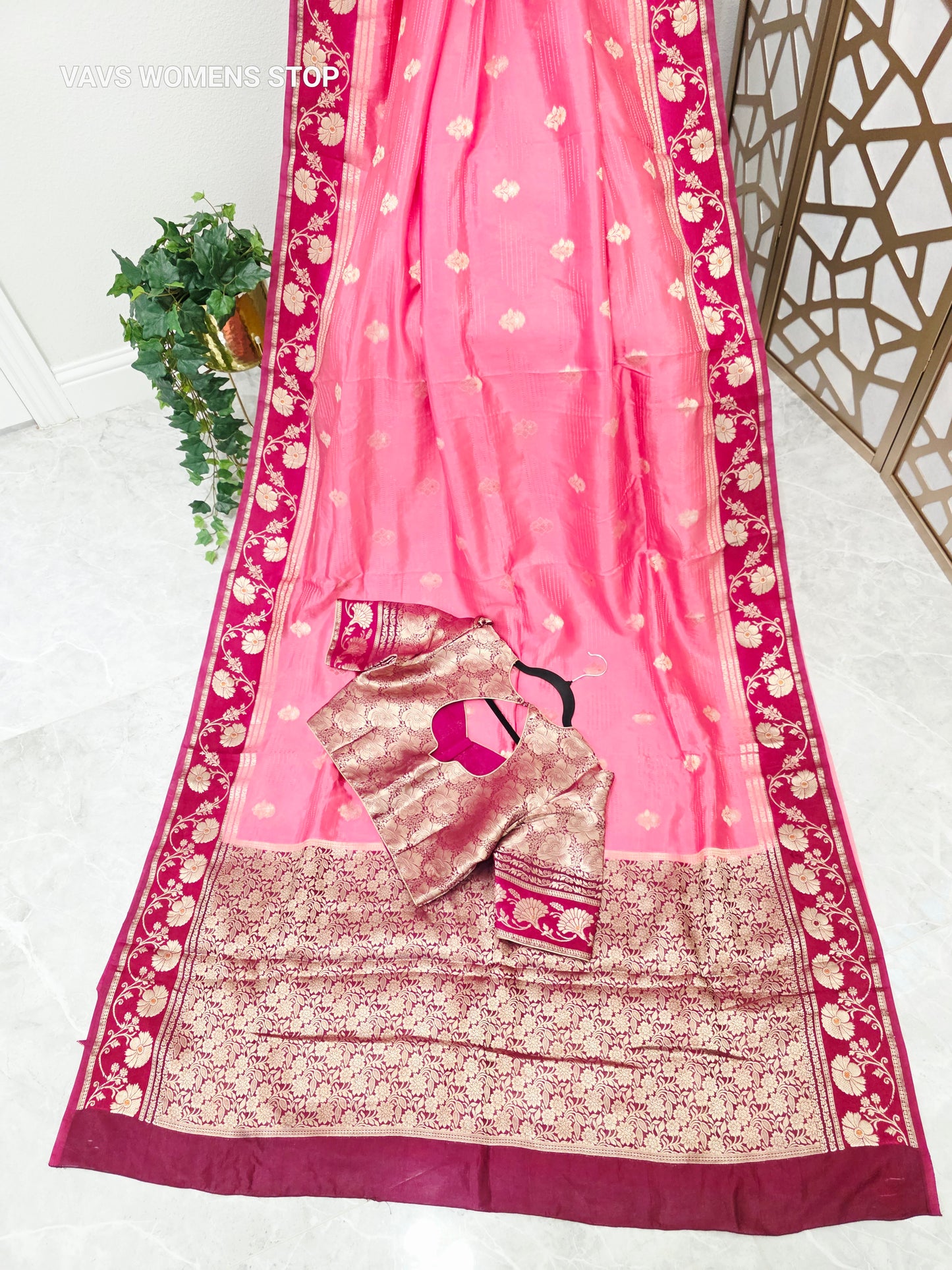 Rose Pink Soft Benarasi Silk Saree with Wine-Maroon Floral Borders & Gold Brocade Stitched Blouse Size 38, Extendable to 44
