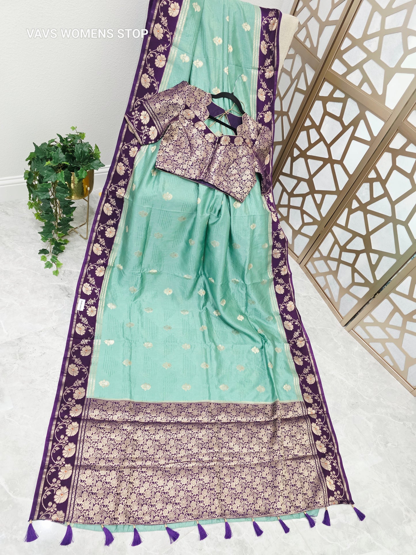 Seafoam Green Soft Benarasi Silk Saree with Plum Purple Floral Borders & Gold Brocade Stitched Blouse Size 38, Extendable to 44
