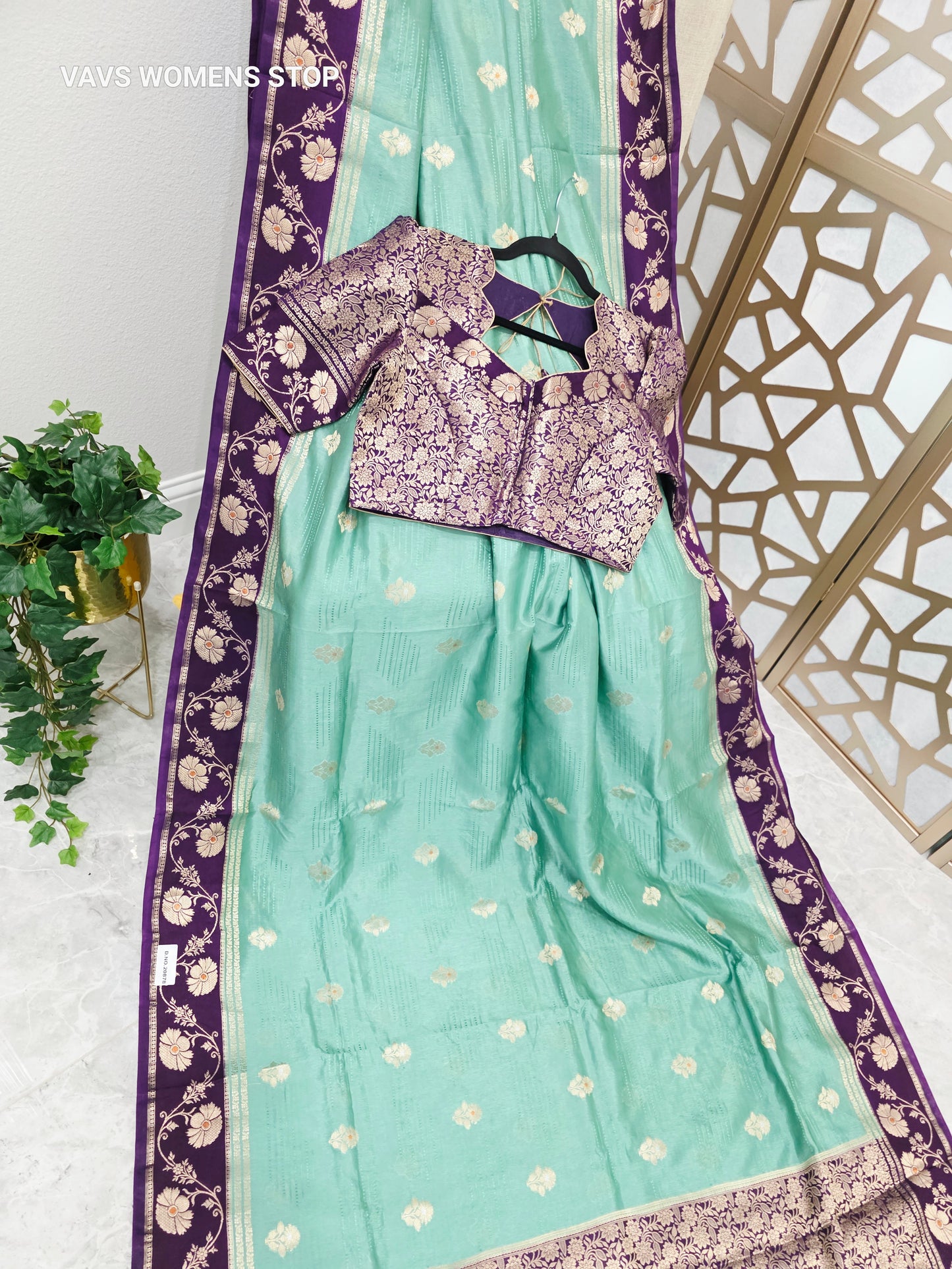 Seafoam Green Soft Benarasi Silk Saree with Plum Purple Floral Borders & Gold Brocade Stitched Blouse Size 38, Extendable to 44