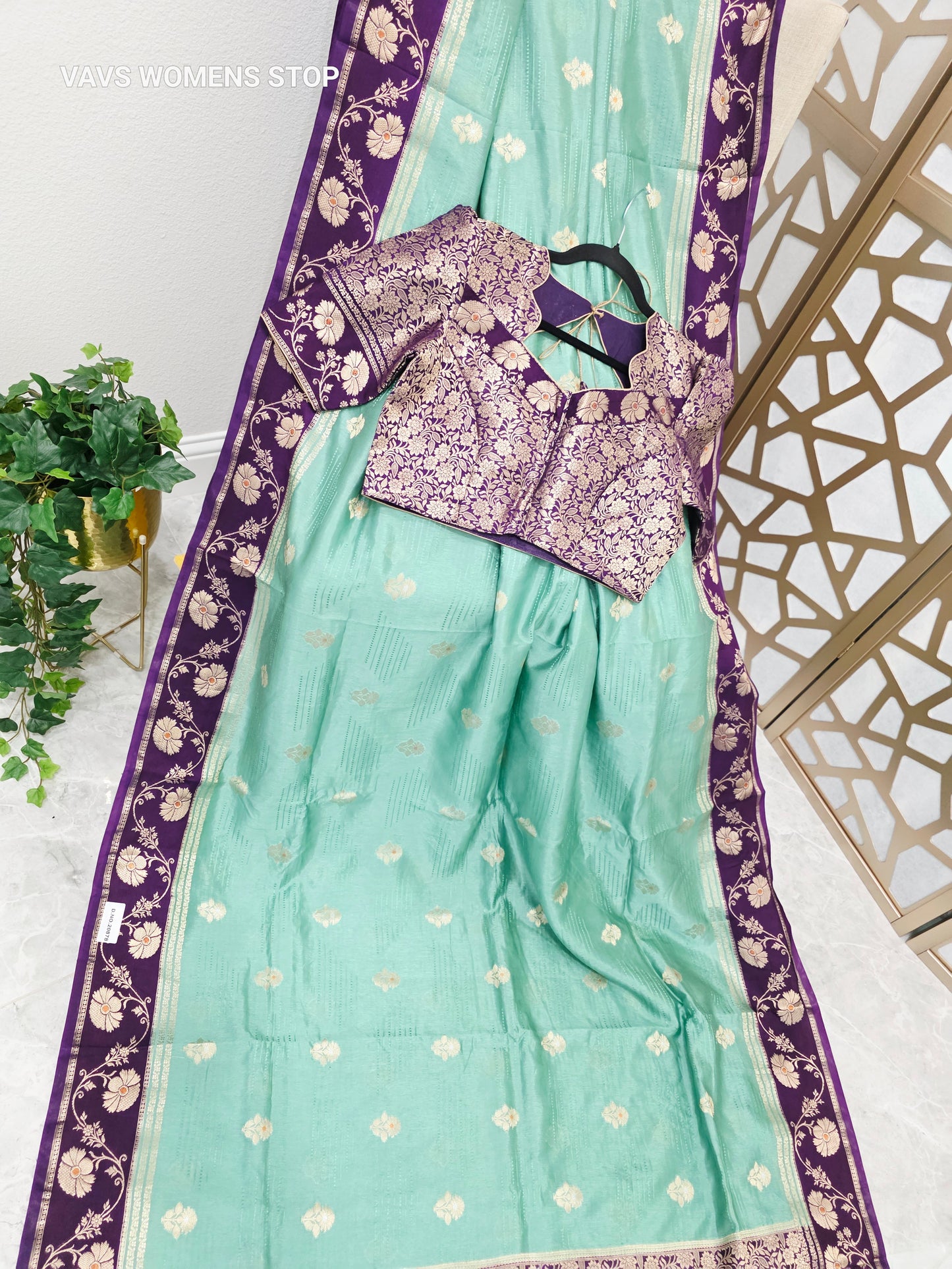 Seafoam Green Soft Benarasi Silk Saree with Plum Purple Floral Borders & Gold Brocade Stitched Blouse Size 38, Extendable to 44