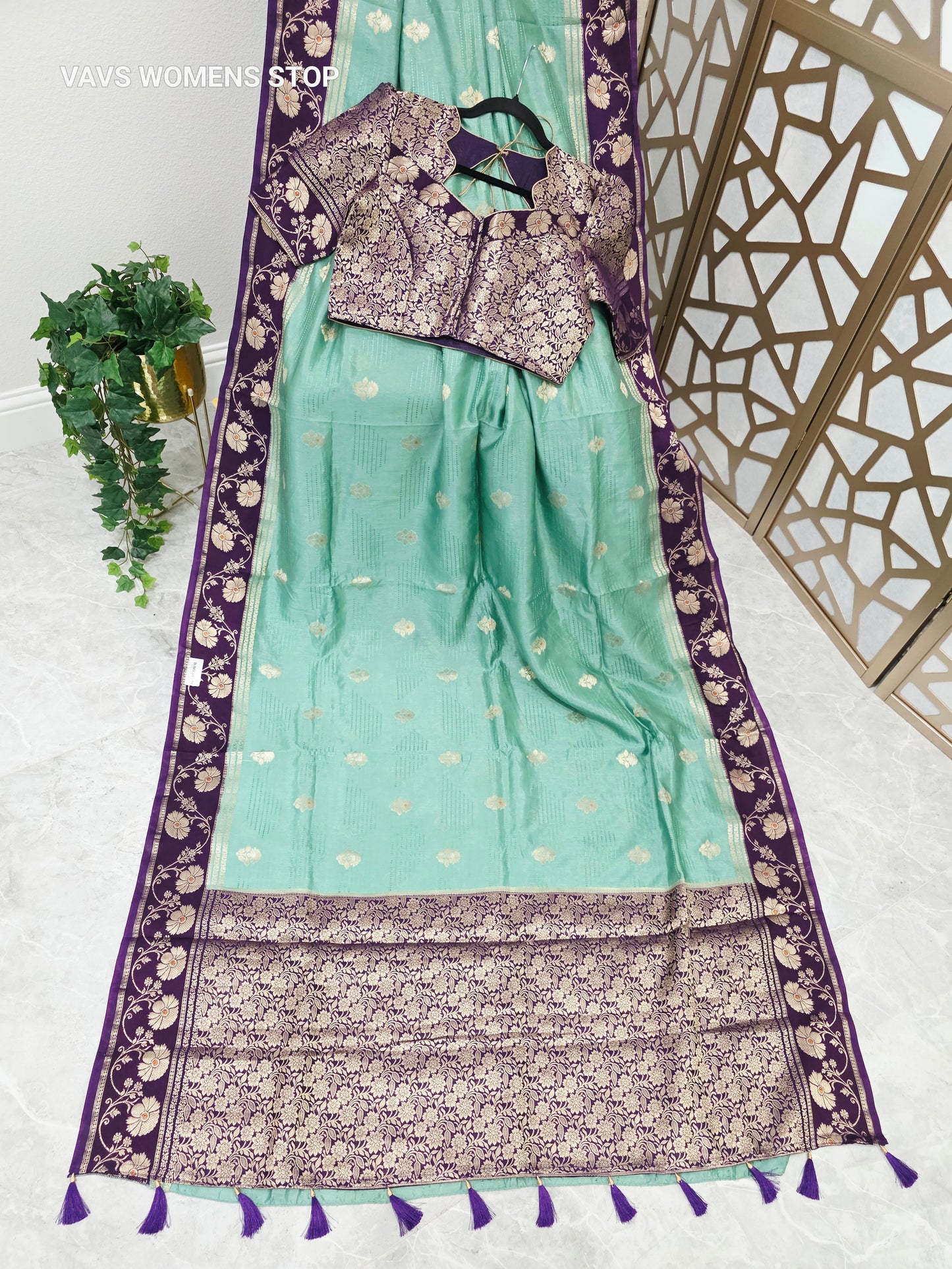 Seafoam Green Soft Benarasi Silk Saree with Plum Purple Floral Borders & Gold Brocade Stitched Blouse Size 38, Extendable to 44