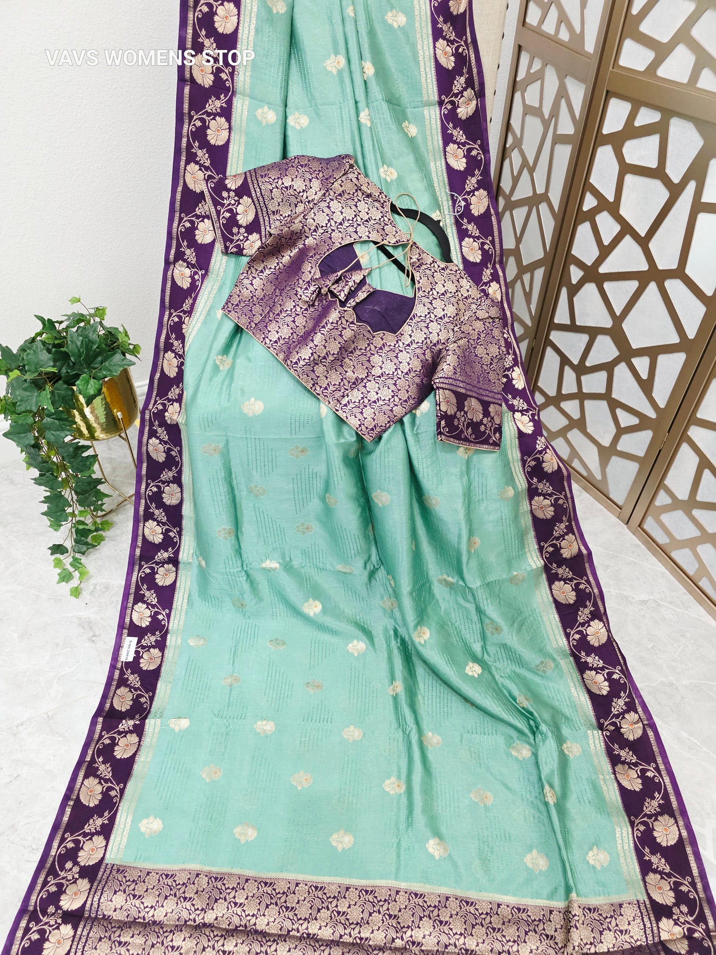 Seafoam Green Soft Benarasi Silk Saree with Plum Purple Floral Borders & Gold Brocade Stitched Blouse Size 38, Extendable to 44