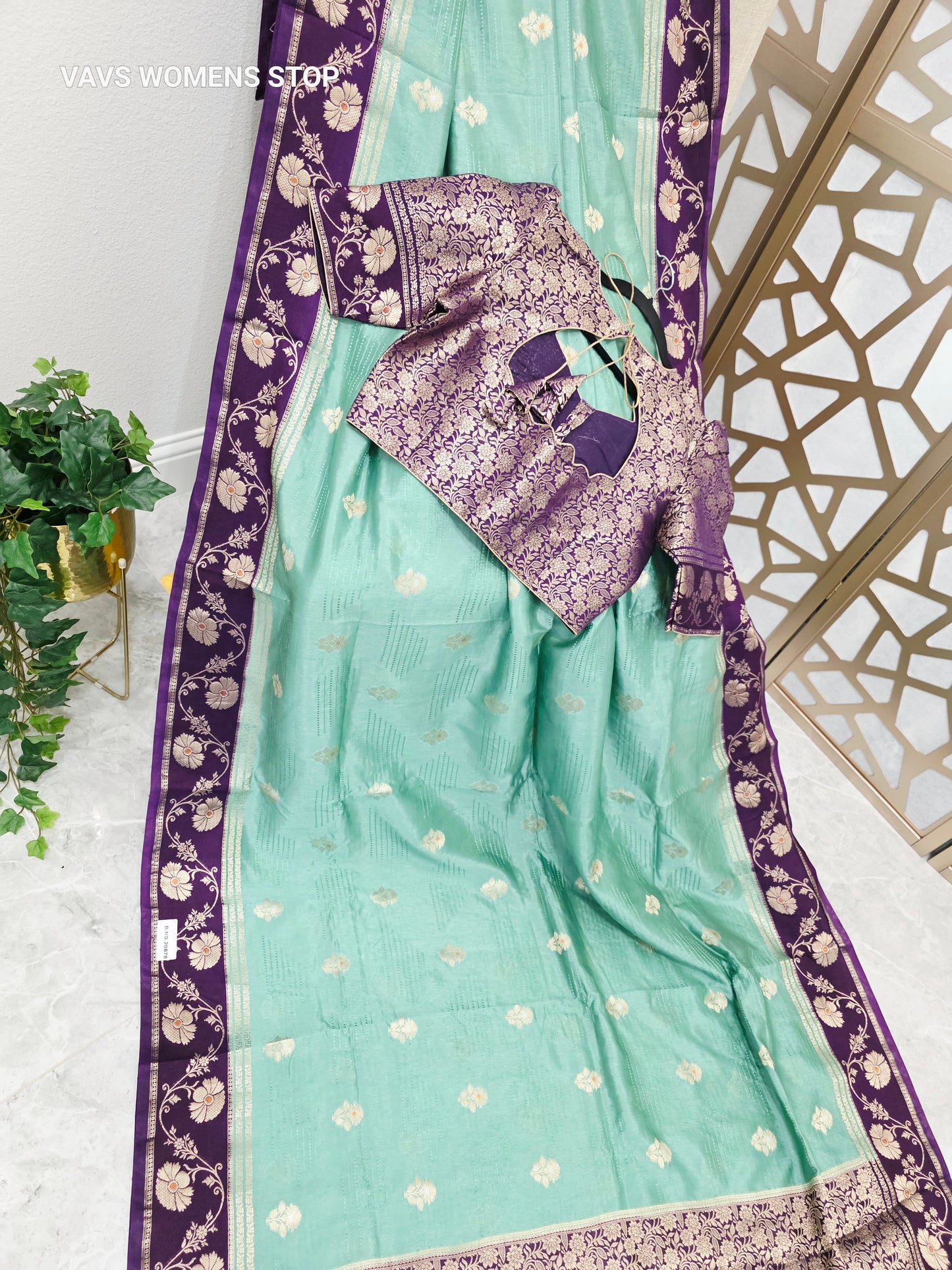 Seafoam Green Soft Benarasi Silk Saree with Plum Purple Floral Borders & Gold Brocade Stitched Blouse Size 38, Extendable to 44
