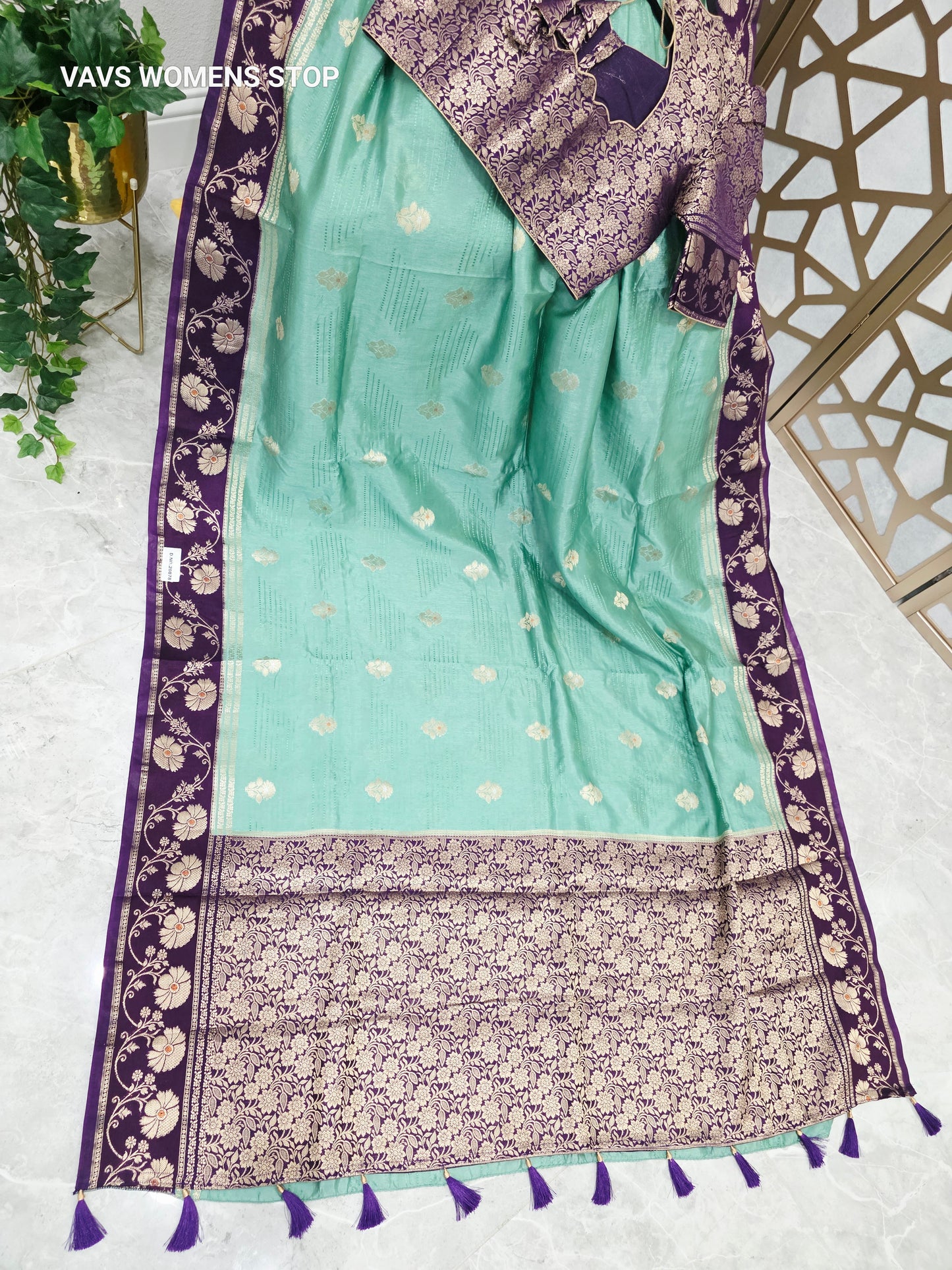 Seafoam Green Soft Benarasi Silk Saree with Plum Purple Floral Borders & Gold Brocade Stitched Blouse Size 38, Extendable to 44