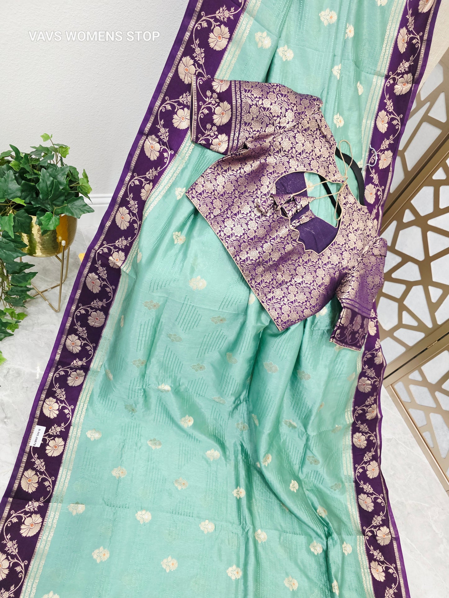 Seafoam Green Soft Benarasi Silk Saree with Plum Purple Floral Borders & Gold Brocade Stitched Blouse Size 38, Extendable to 44