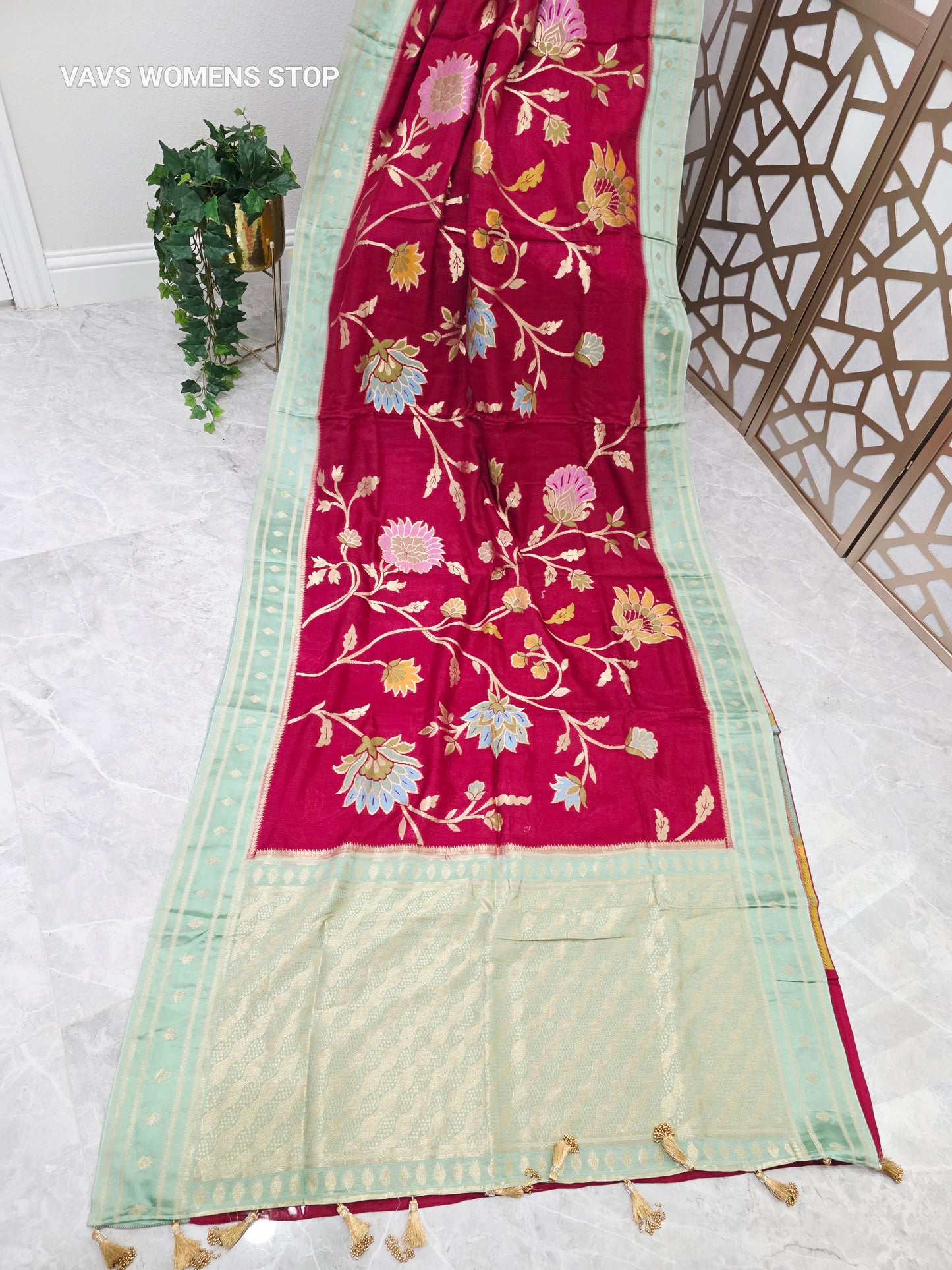 Ruby Red & Mint Green Jamdani Style Benarasi Silk Blend Saree with Pastel Florals & Stitched Blouse | Size 40, Extendable to 46