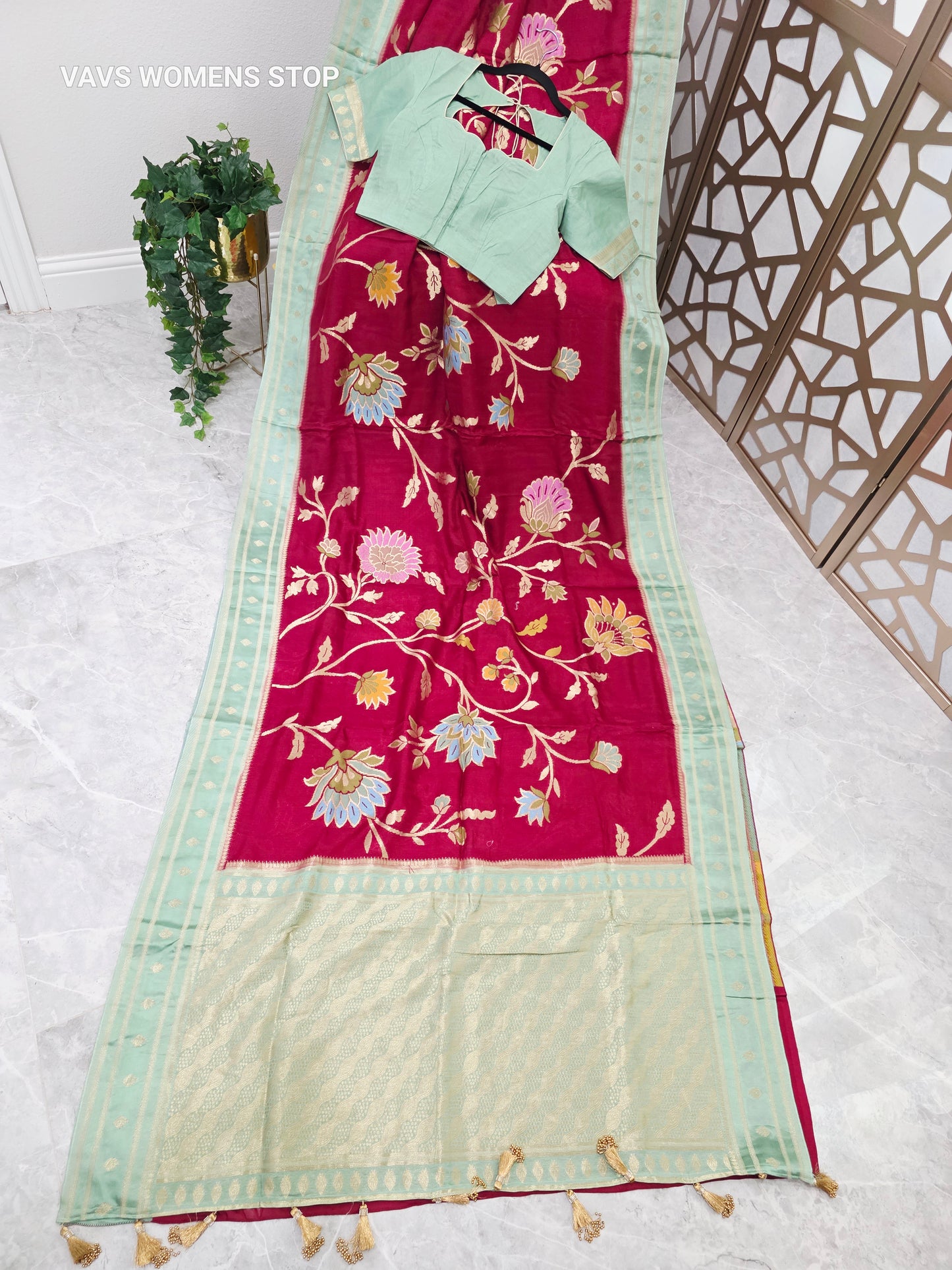 Ruby Red & Mint Green Jamdani-Style Benarasi Silk Blend Saree with Pastel Florals & Stitched Blouse Size 36, Extendable to 42