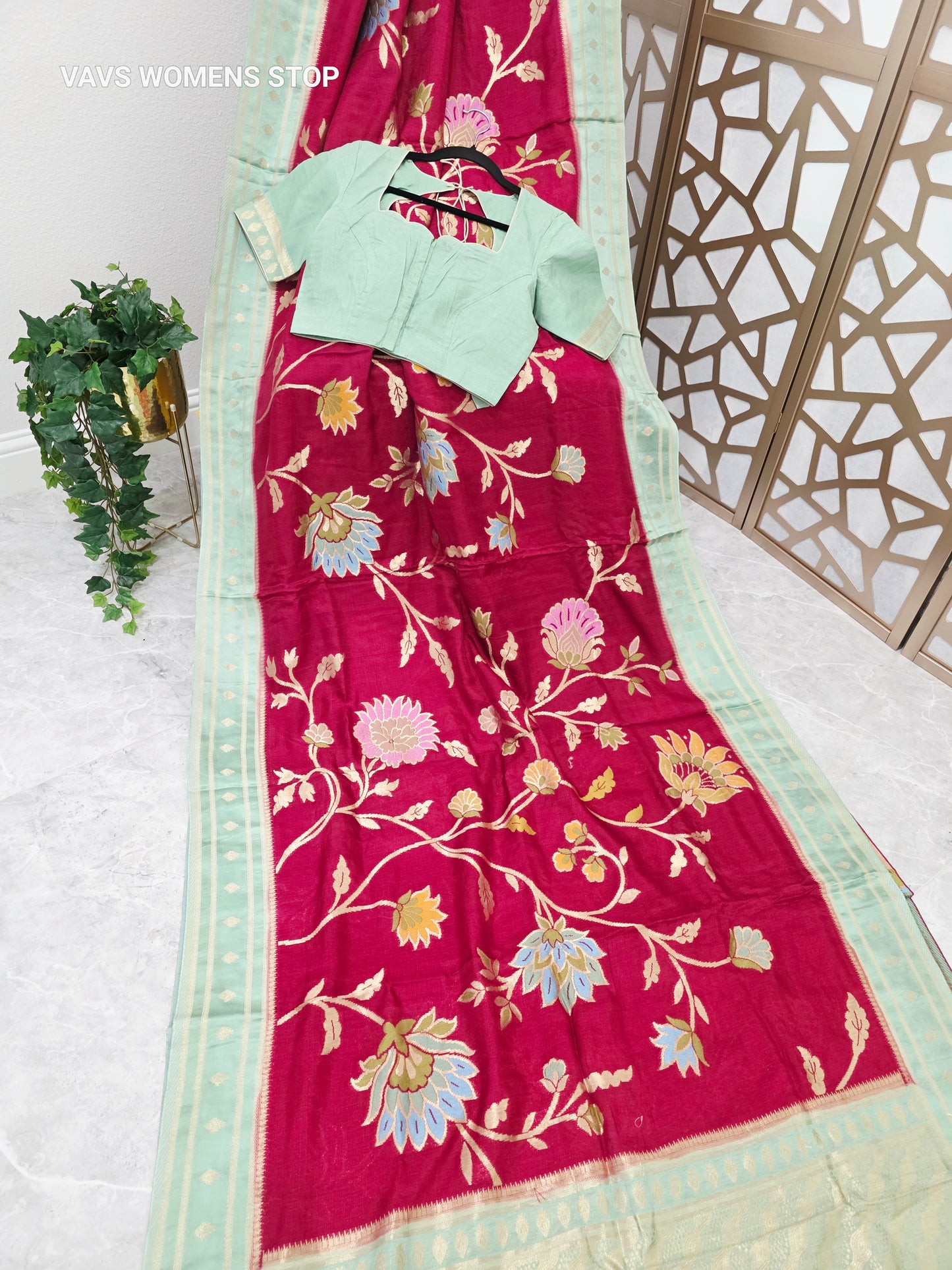 Ruby Red & Mint Green Jamdani Style Benarasi Silk Blend Saree with Pastel Florals & Stitched Blouse | Size 40, Extendable to 46