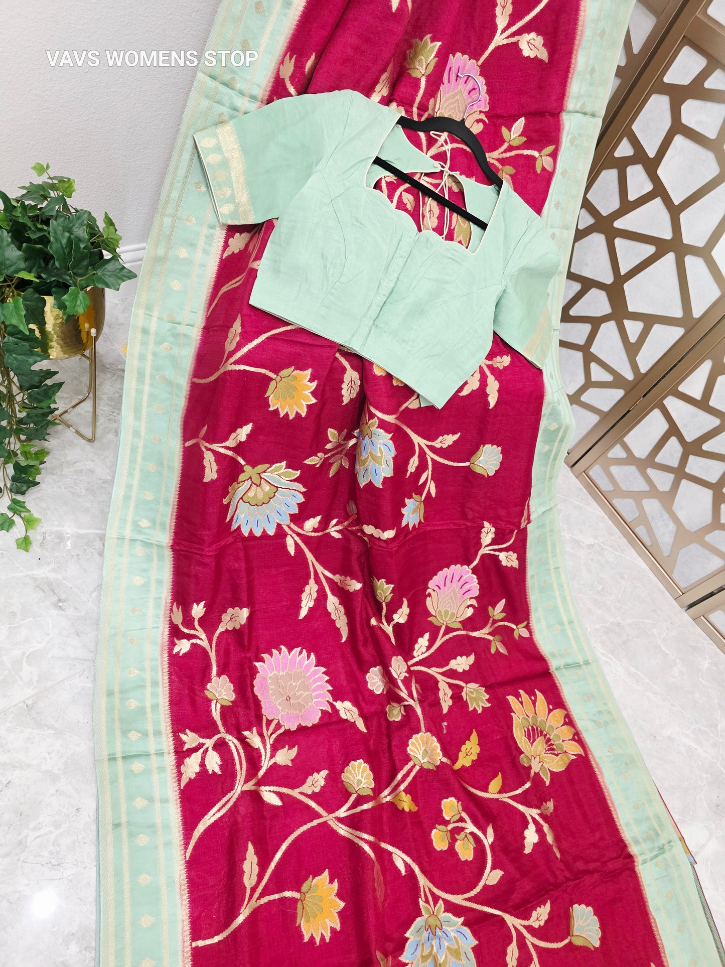 Ruby Red & Mint Green Jamdani Style Benarasi Silk Blend Saree with Pastel Florals & Stitched Blouse | Size 40, Extendable to 46