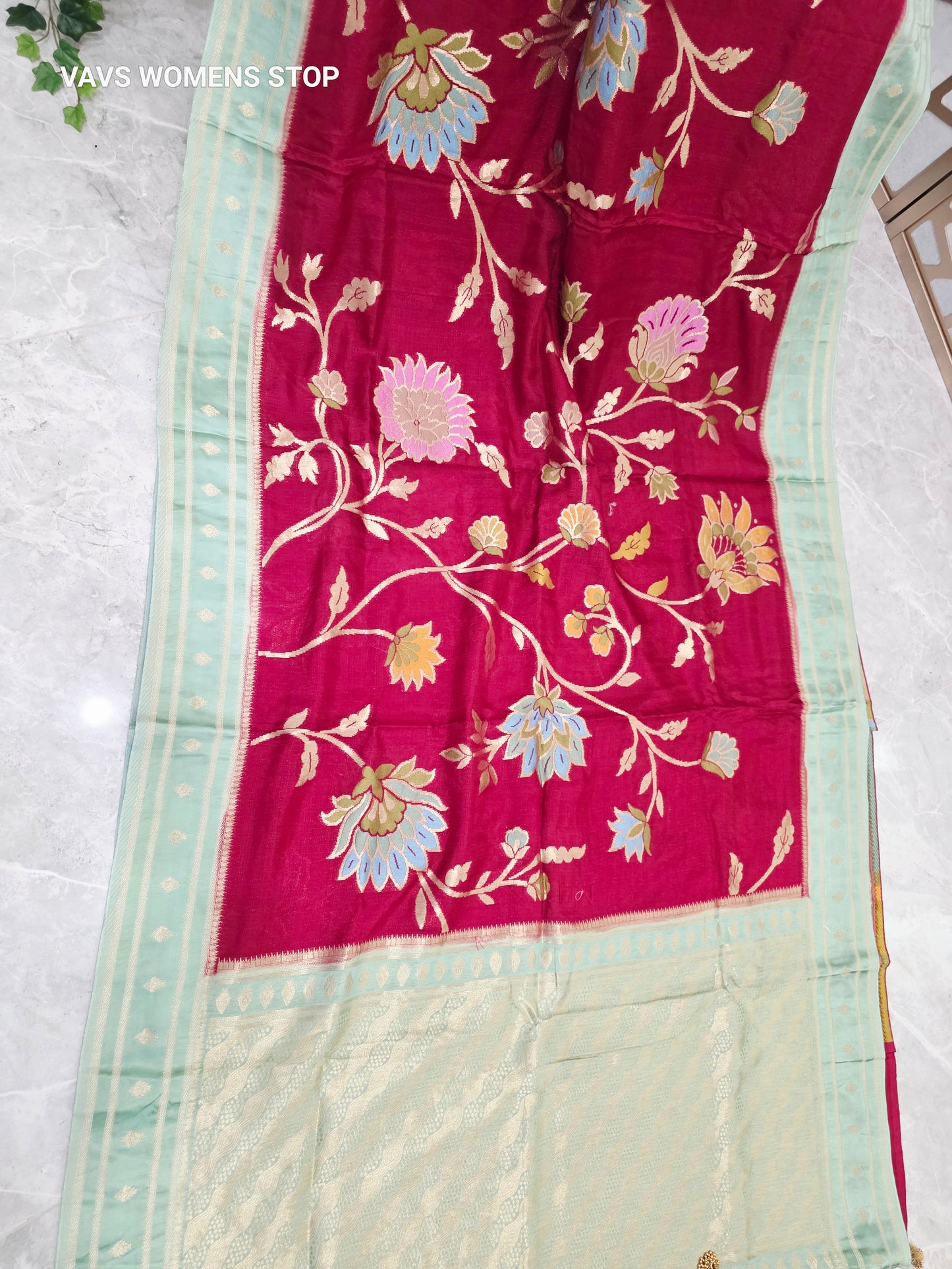 Ruby Red & Mint Green Jamdani Style Benarasi Silk Blend Saree with Pastel Florals & Stitched Blouse | Size 40, Extendable to 46
