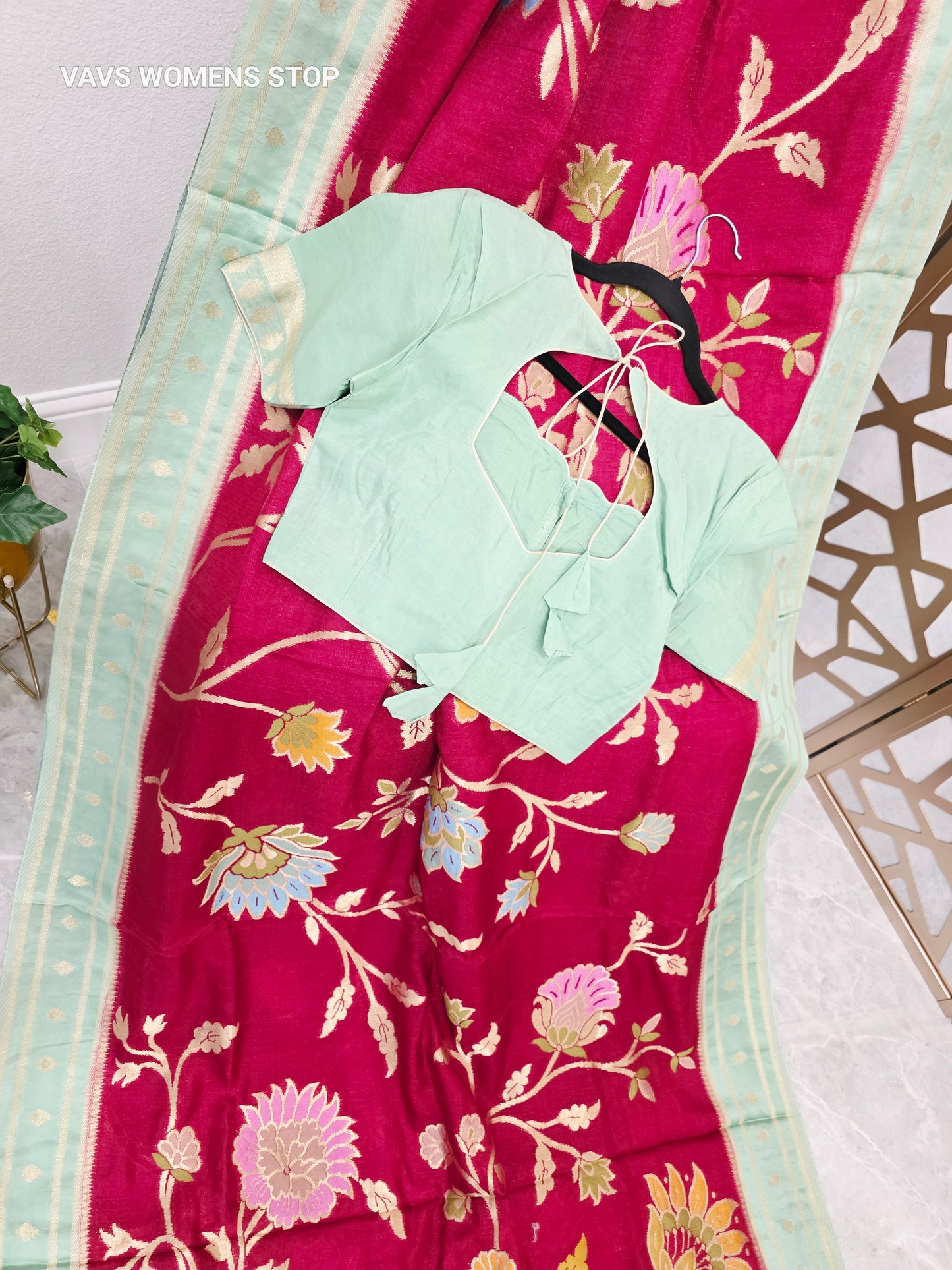 Ruby Red & Mint Green Jamdani-Style Benarasi Silk Blend Saree with Pastel Florals & Stitched Blouse Size 36, Extendable to 42