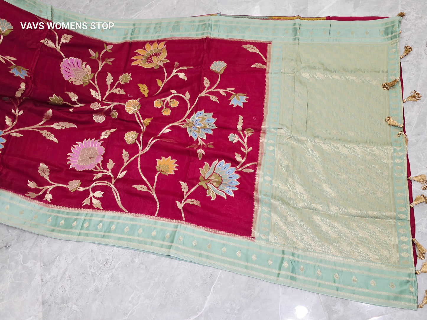 Ruby Red & Mint Green Jamdani-Style Benarasi Silk Blend Saree with Pastel Florals & Stitched Blouse Size 36, Extendable to 42
