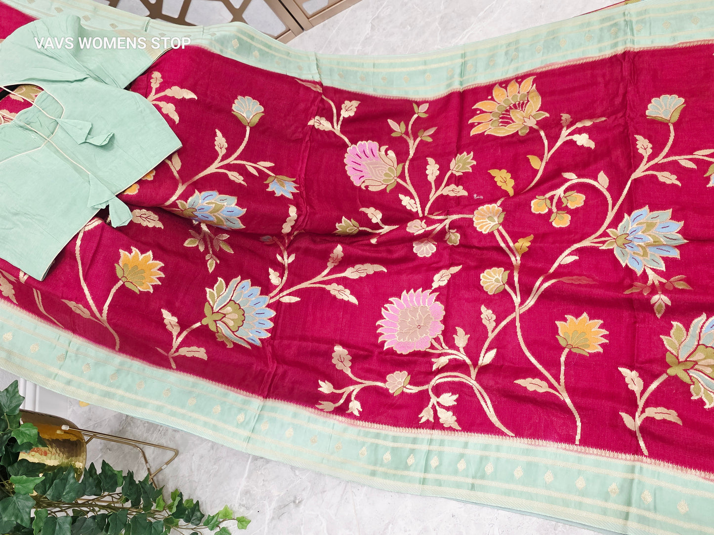 Ruby Red & Mint Green Jamdani Style Benarasi Silk Blend Saree with Pastel Florals & Stitched Blouse | Size 40, Extendable to 46