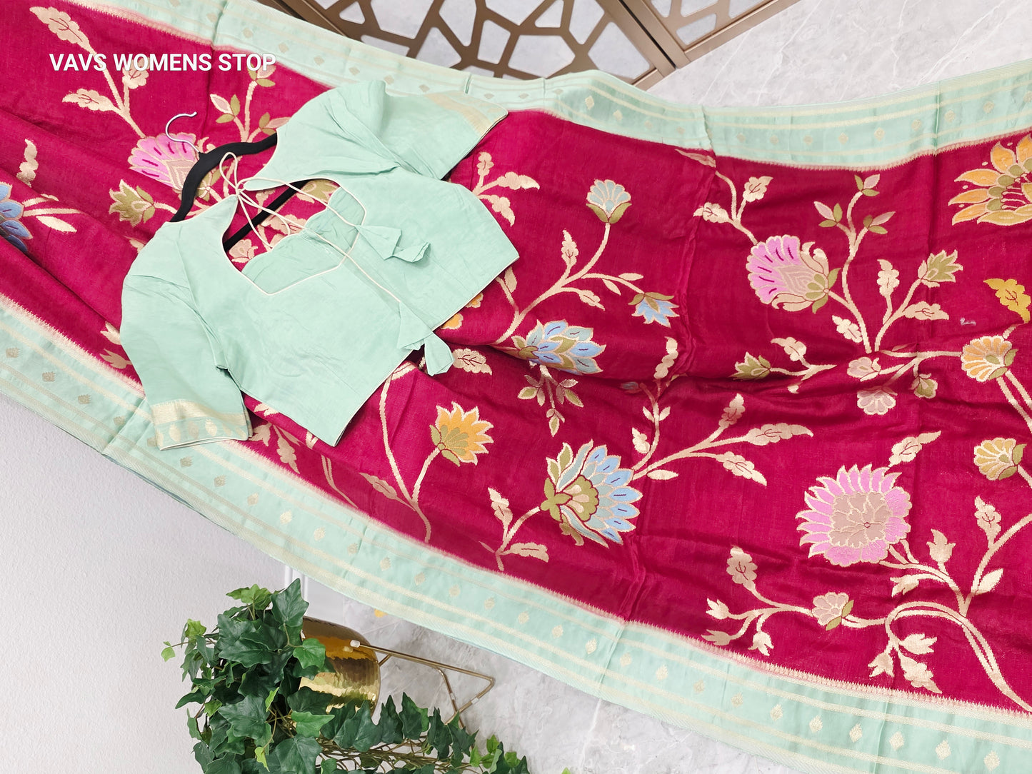 Ruby Red & Mint Green Jamdani-Style Benarasi Silk Blend Saree with Pastel Florals & Stitched Blouse Size 36, Extendable to 42