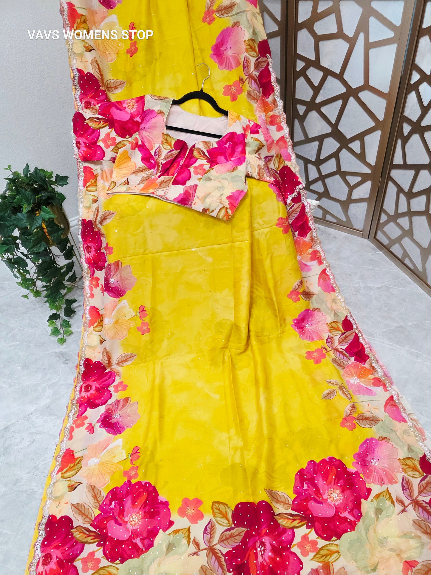 Canary Yellow & Ivory Floral Russian Crepe Silk Saree with Scalloped Sequin Border & Stitched Floral Blouse Size 40, Extendable to 46