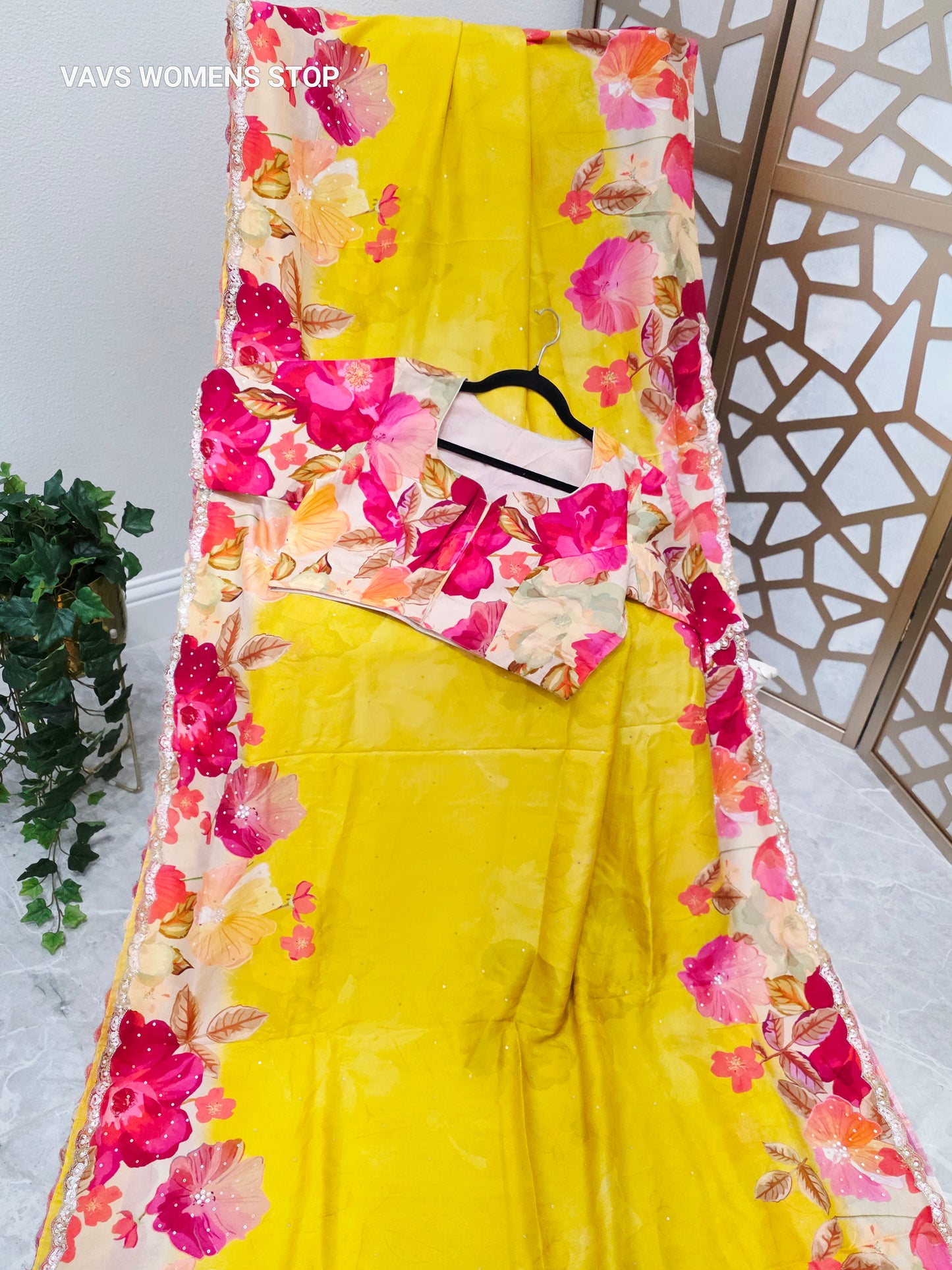 Canary Yellow & Ivory Floral Russian Crepe Silk Saree with Scalloped Sequin Border & Stitched Floral Blouse Size 40, Extendable to 46