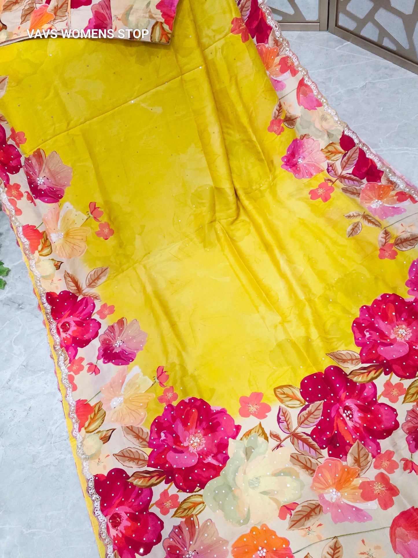 Canary Yellow & Ivory Floral Russian Crepe Silk Saree with Scalloped Sequin Border & Stitched Floral Blouse Size 40, Extendable to 46