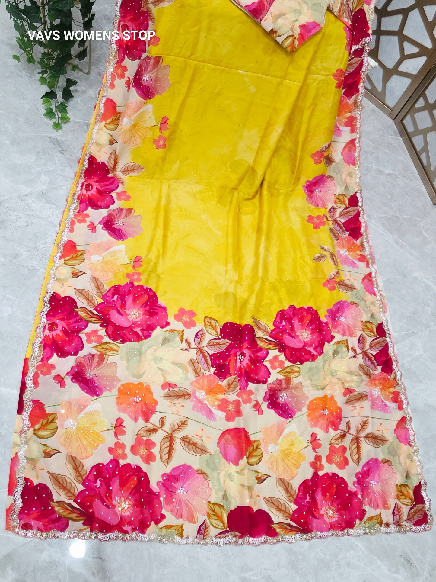 Canary Yellow & Ivory Floral Russian Crepe Silk Saree with Scalloped Sequin Border & Stitched Floral Blouse Size 40, Extendable to 46