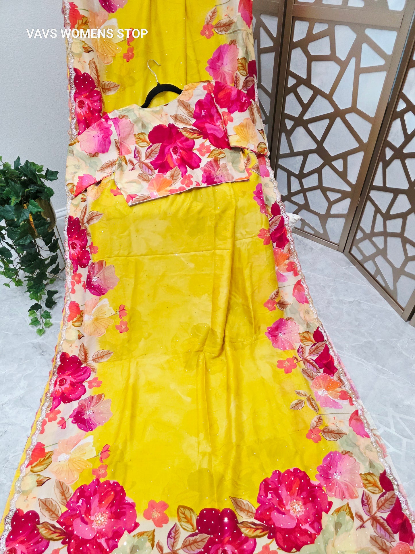 Canary Yellow & Ivory Floral Russian Crepe Silk Saree with Scalloped Sequin Border & Stitched Floral Blouse Size 40, Extendable to 46