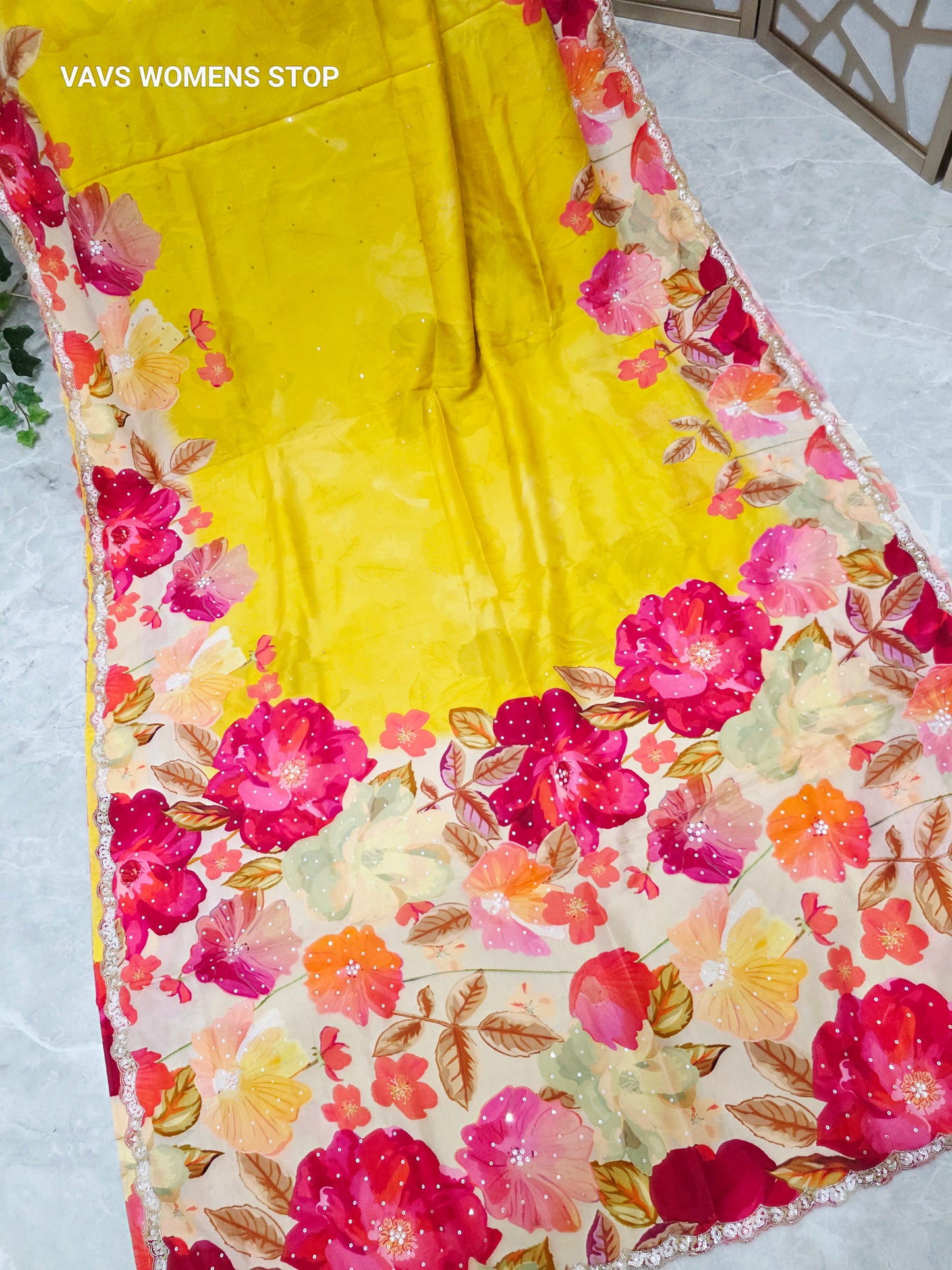 Canary Yellow & Ivory Floral Russian Crepe Silk Saree with Scalloped Sequin Border & Stitched Floral Blouse Size 40, Extendable to 46
