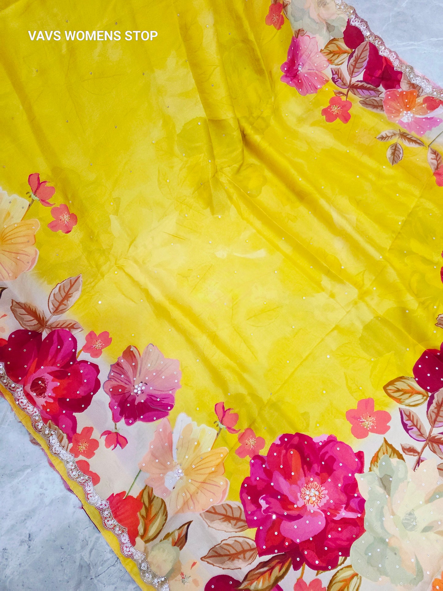 Canary Yellow & Ivory Floral Russian Crepe Silk Saree with Scalloped Sequin Border & Stitched Floral Blouse Size 40, Extendable to 46