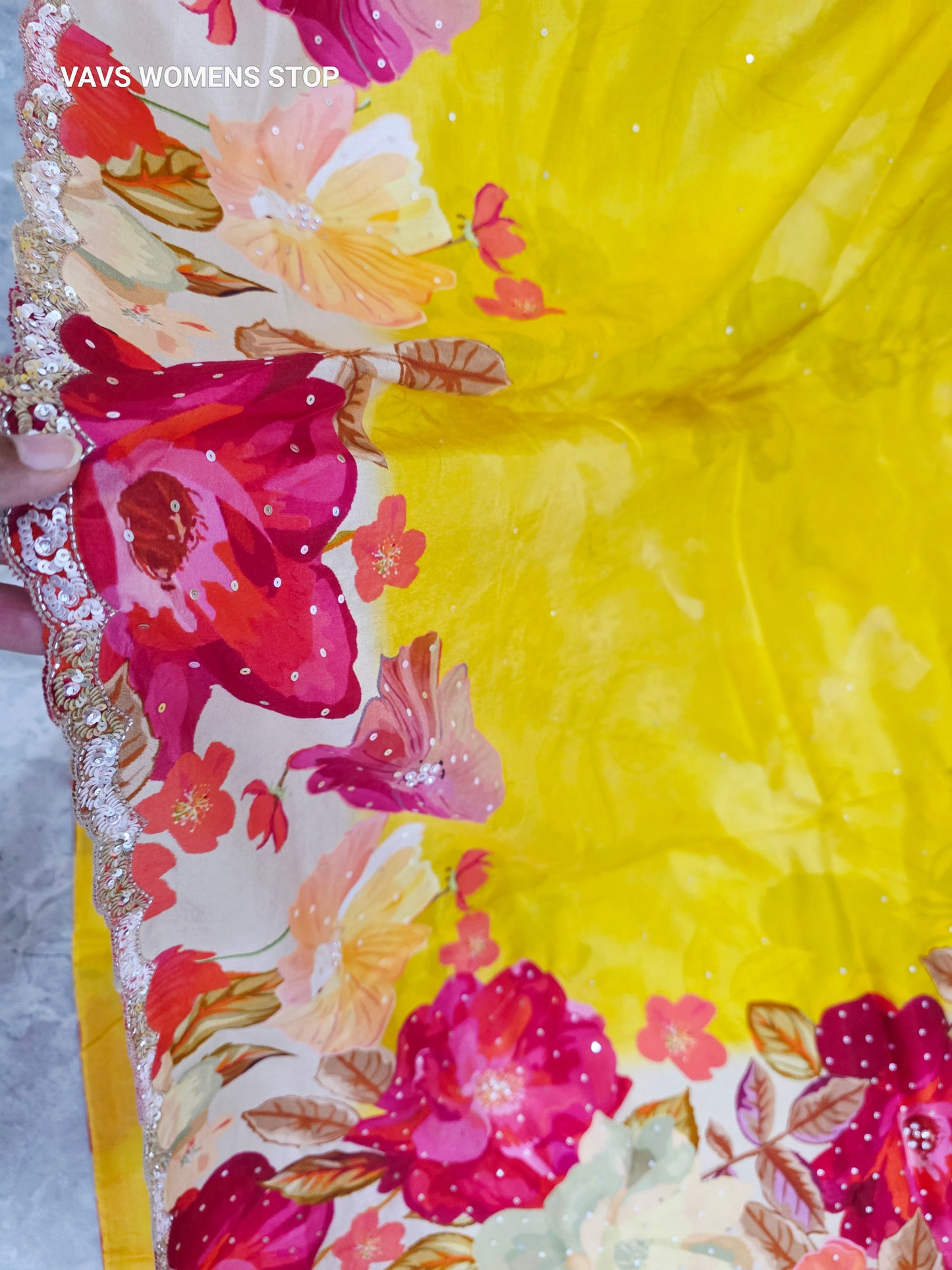 Canary Yellow & Ivory Floral Russian Crepe Silk Saree with Scalloped Sequin Border & Stitched Floral Blouse Size 40, Extendable to 46