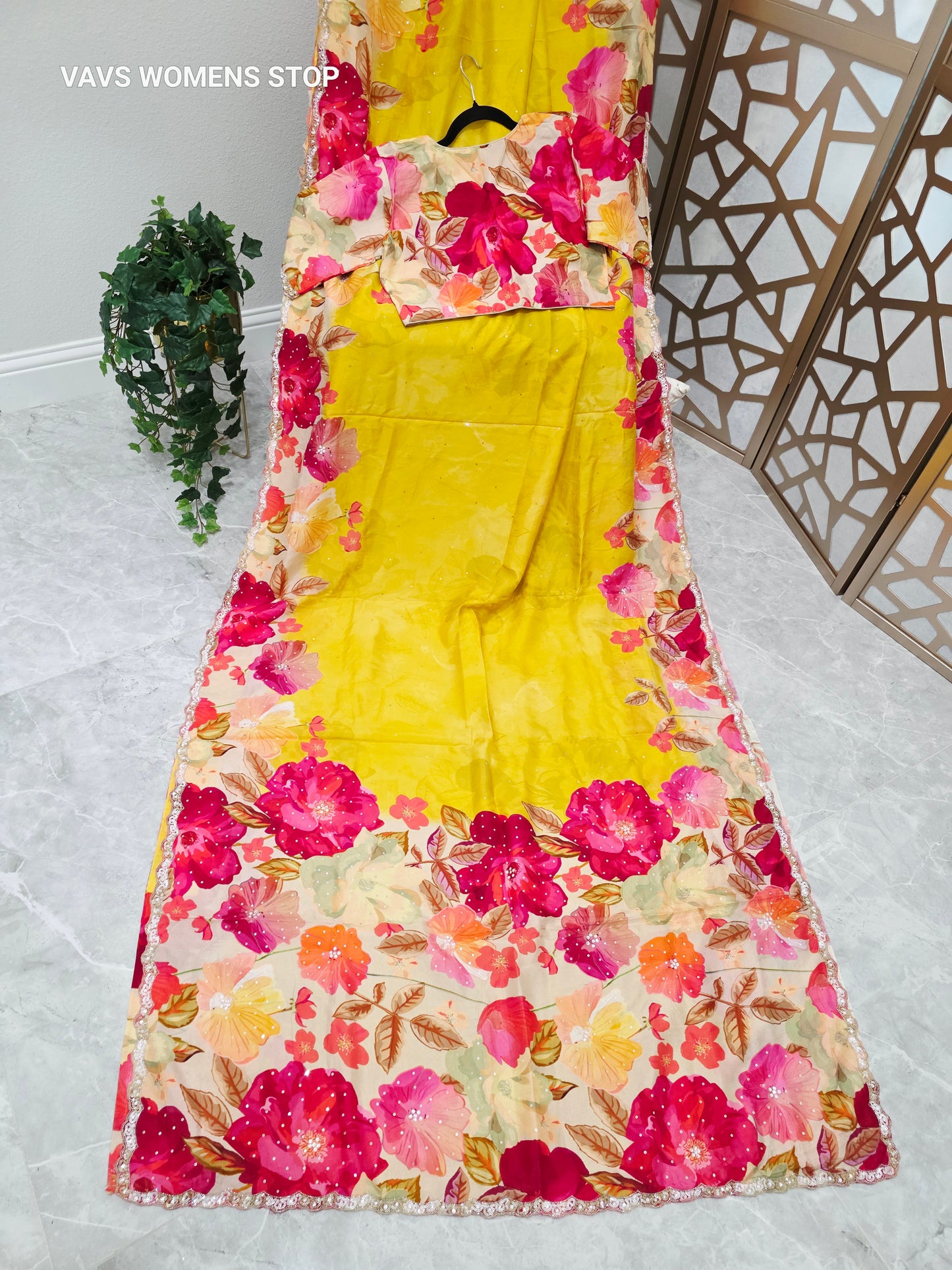 Canary Yellow & Ivory Floral Russian Crepe Silk Saree with Scalloped Sequin Border & Stitched Floral Blouse Size 40, Extendable to 46