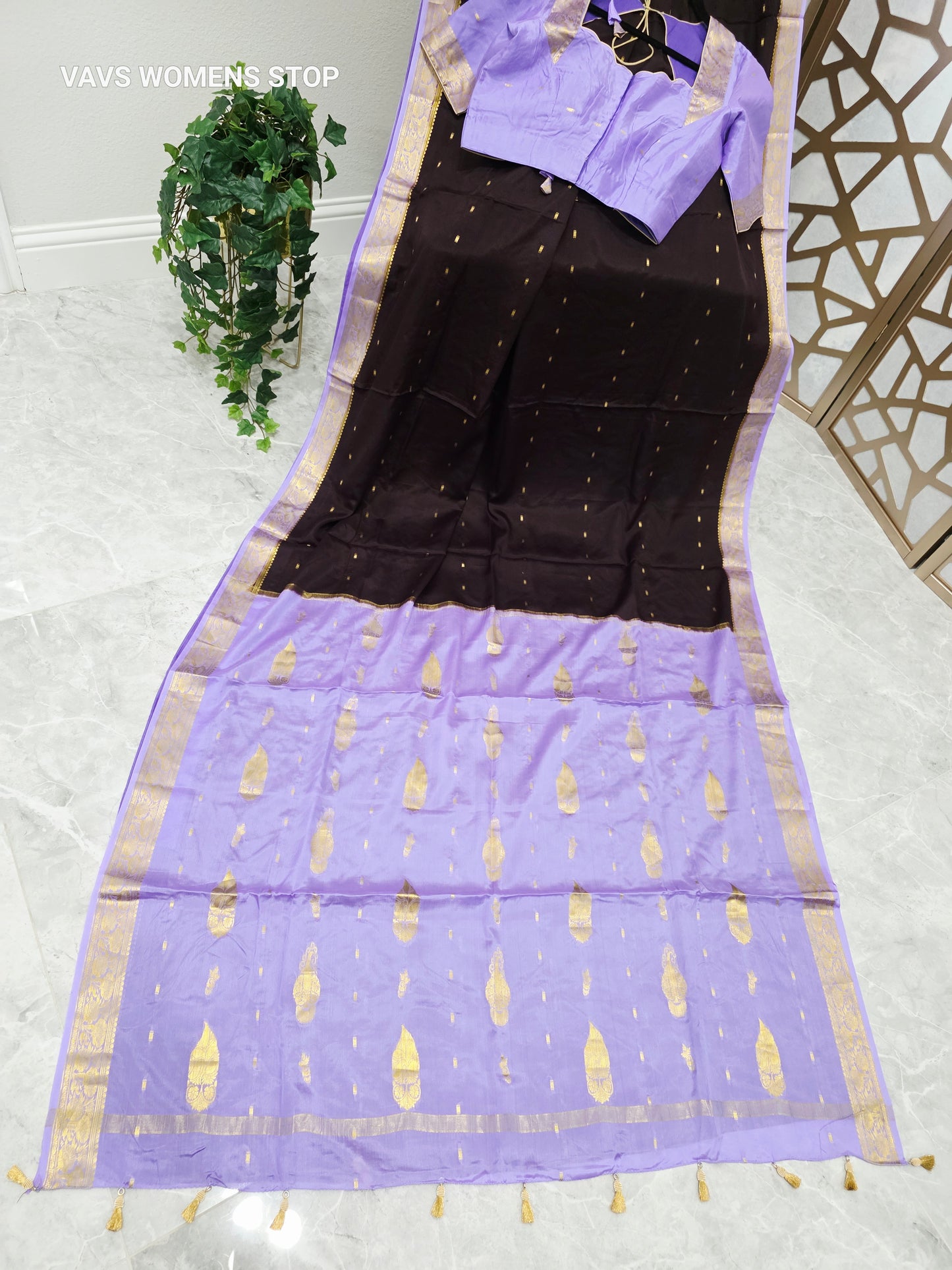 Coffee Brown & Lilac Lavender Pure Mysore Crepe Silk Saree, 75 GSM, with Gold Butta & Stitched Blouse Size 38, Extendable to 44
