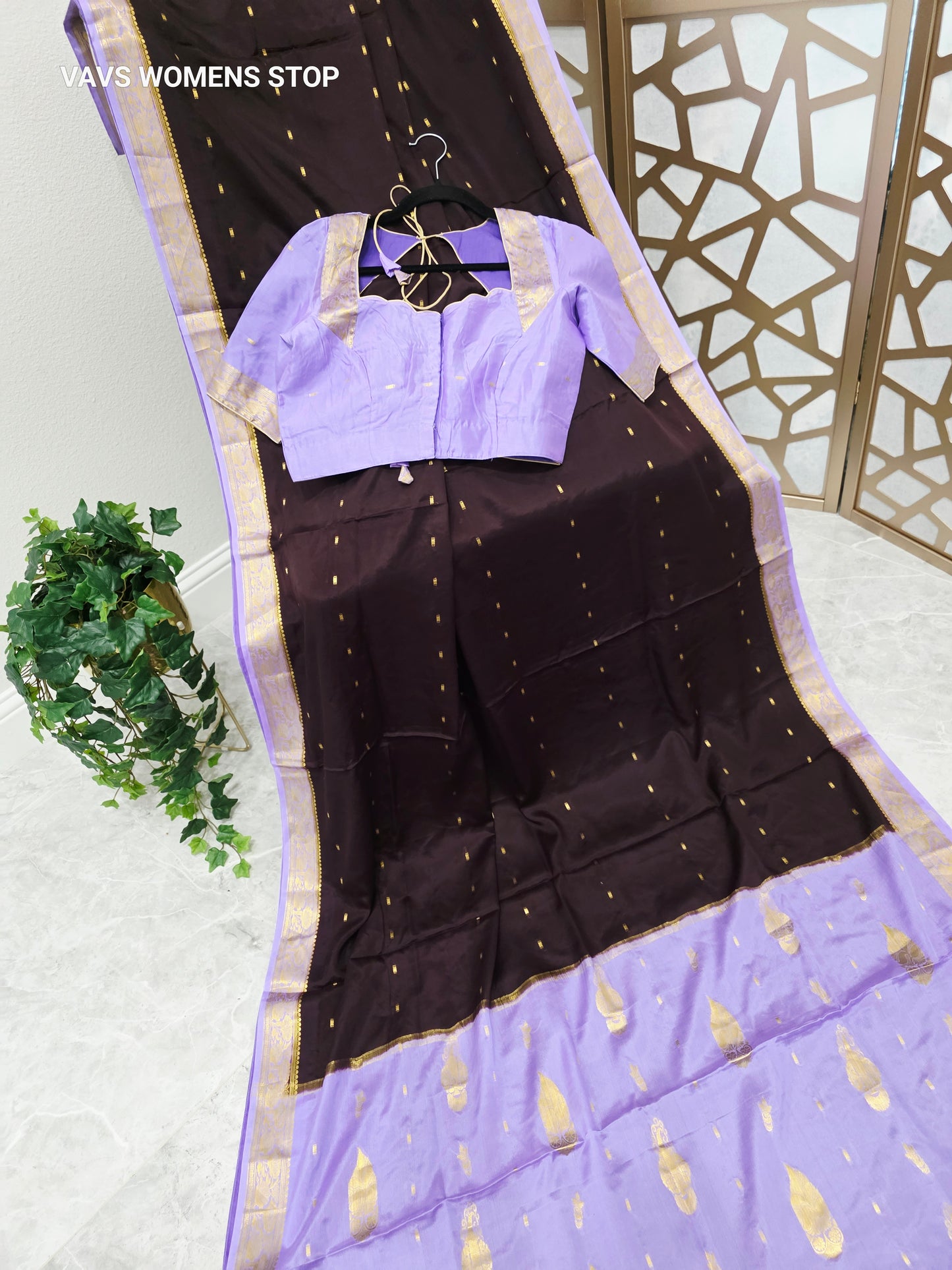 Coffee Brown & Lilac Lavender Pure Mysore Crepe Silk Saree, 75 GSM, with Gold Butta & Stitched Blouse Size 38, Extendable to 44
