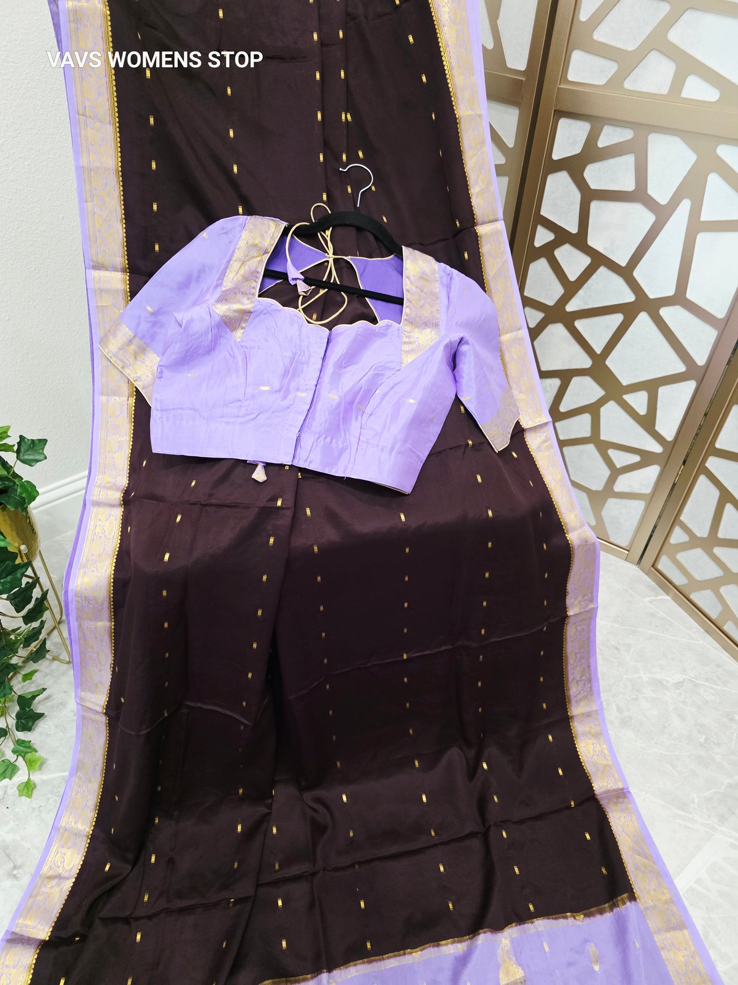 Coffee Brown & Lilac Lavender Pure Mysore Crepe Silk Saree, 75 GSM, with Gold Butta & Stitched Blouse Size 38, Extendable to 44
