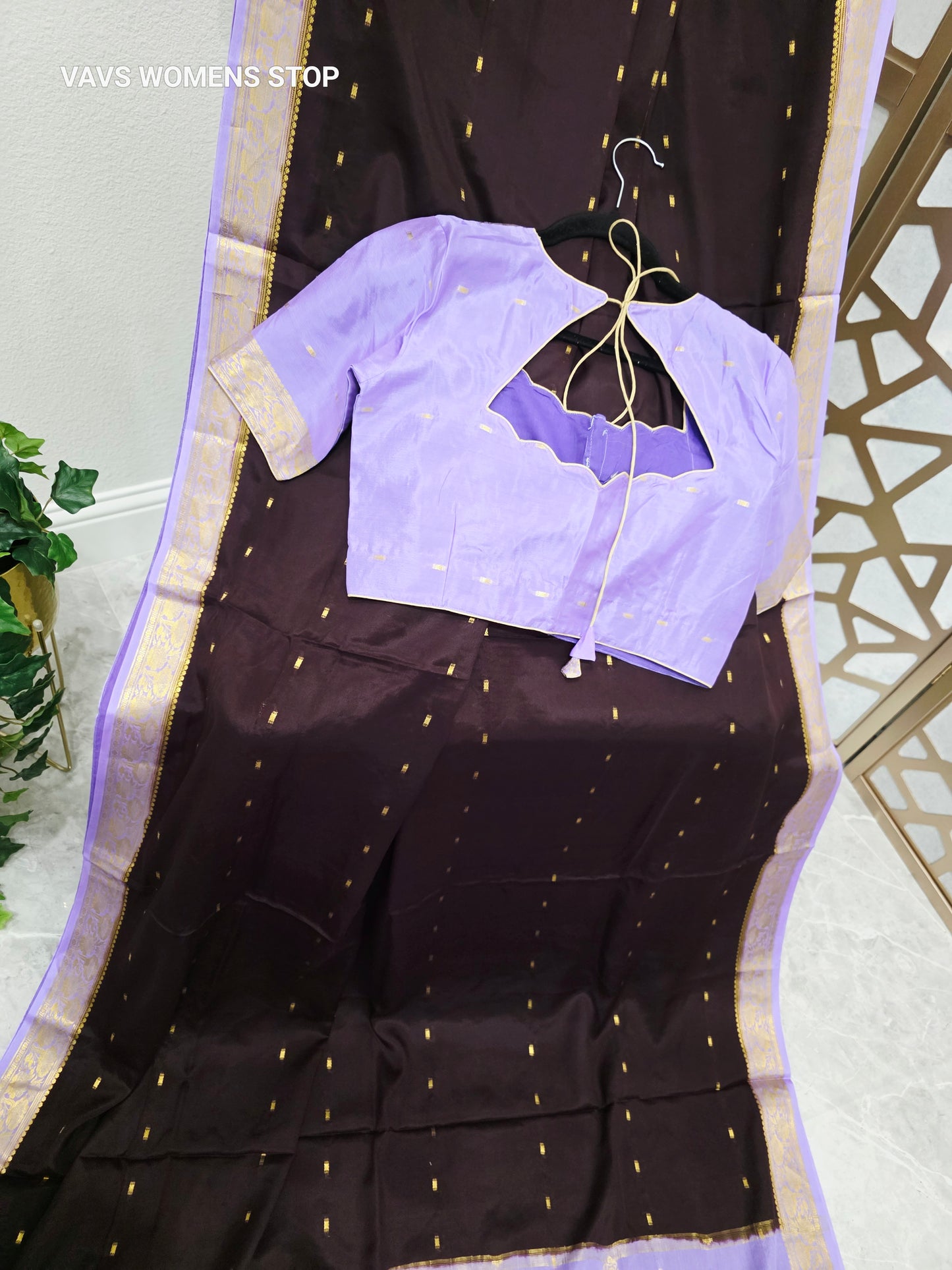 Coffee Brown & Lilac Lavender Pure Mysore Crepe Silk Saree, 75 GSM, with Gold Butta & Stitched Blouse Size 38, Extendable to 44