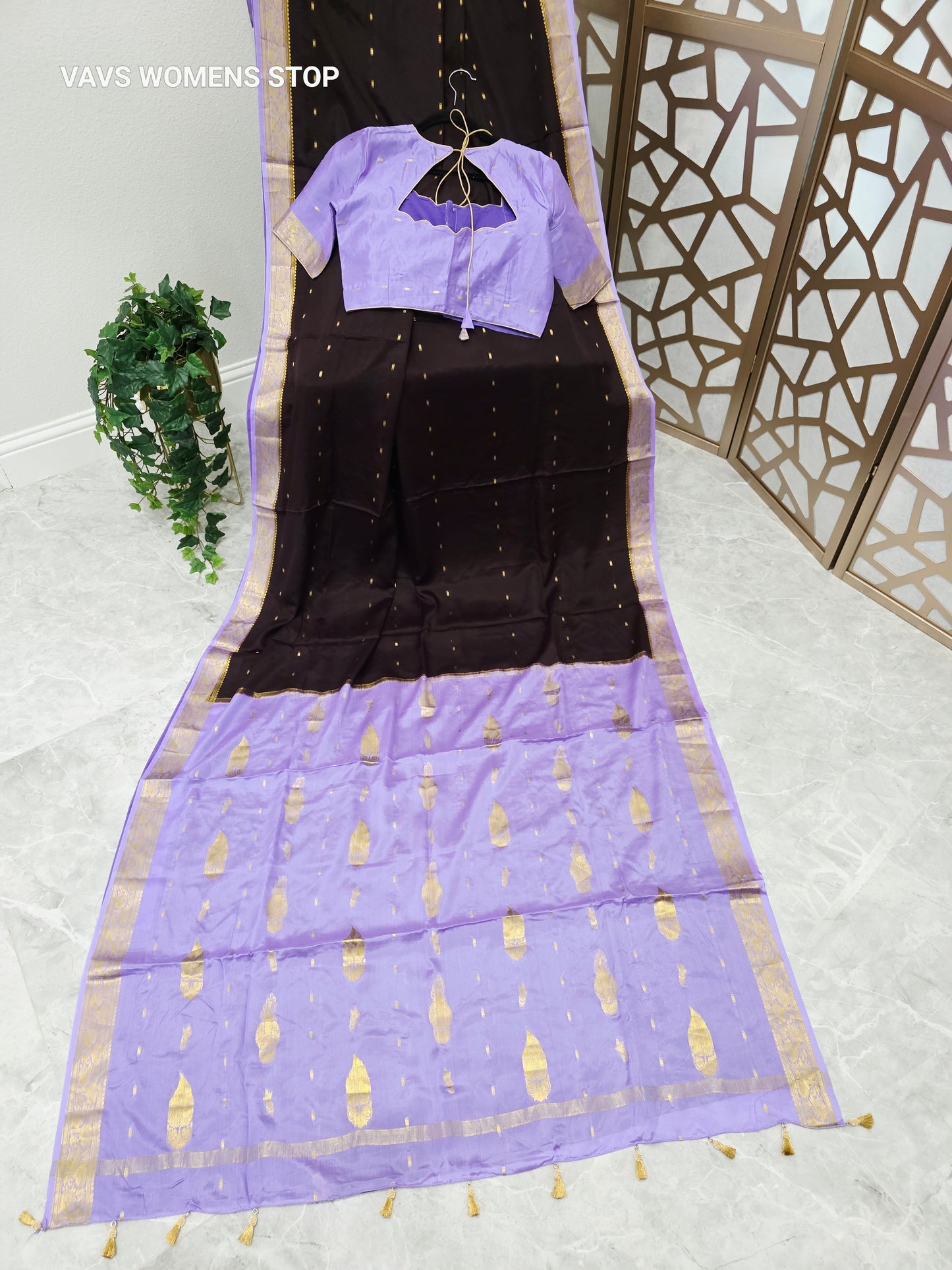 Coffee Brown & Lilac Lavender Pure Mysore Crepe Silk Saree, 75 GSM, with Gold Butta & Stitched Blouse Size 38, Extendable to 44