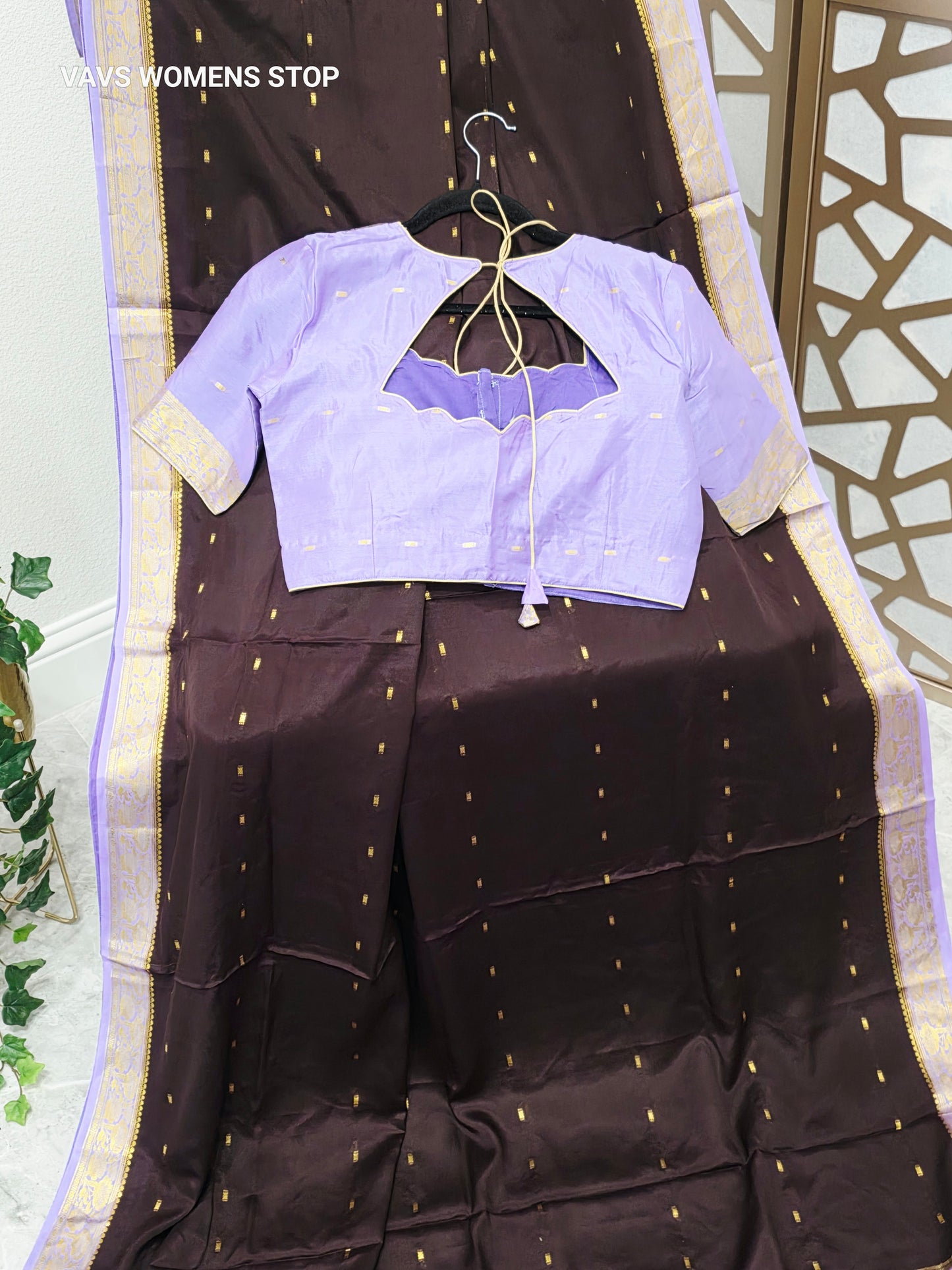 Coffee Brown & Lilac Lavender Pure Mysore Crepe Silk Saree, 75 GSM, with Gold Butta & Stitched Blouse Size 38, Extendable to 44