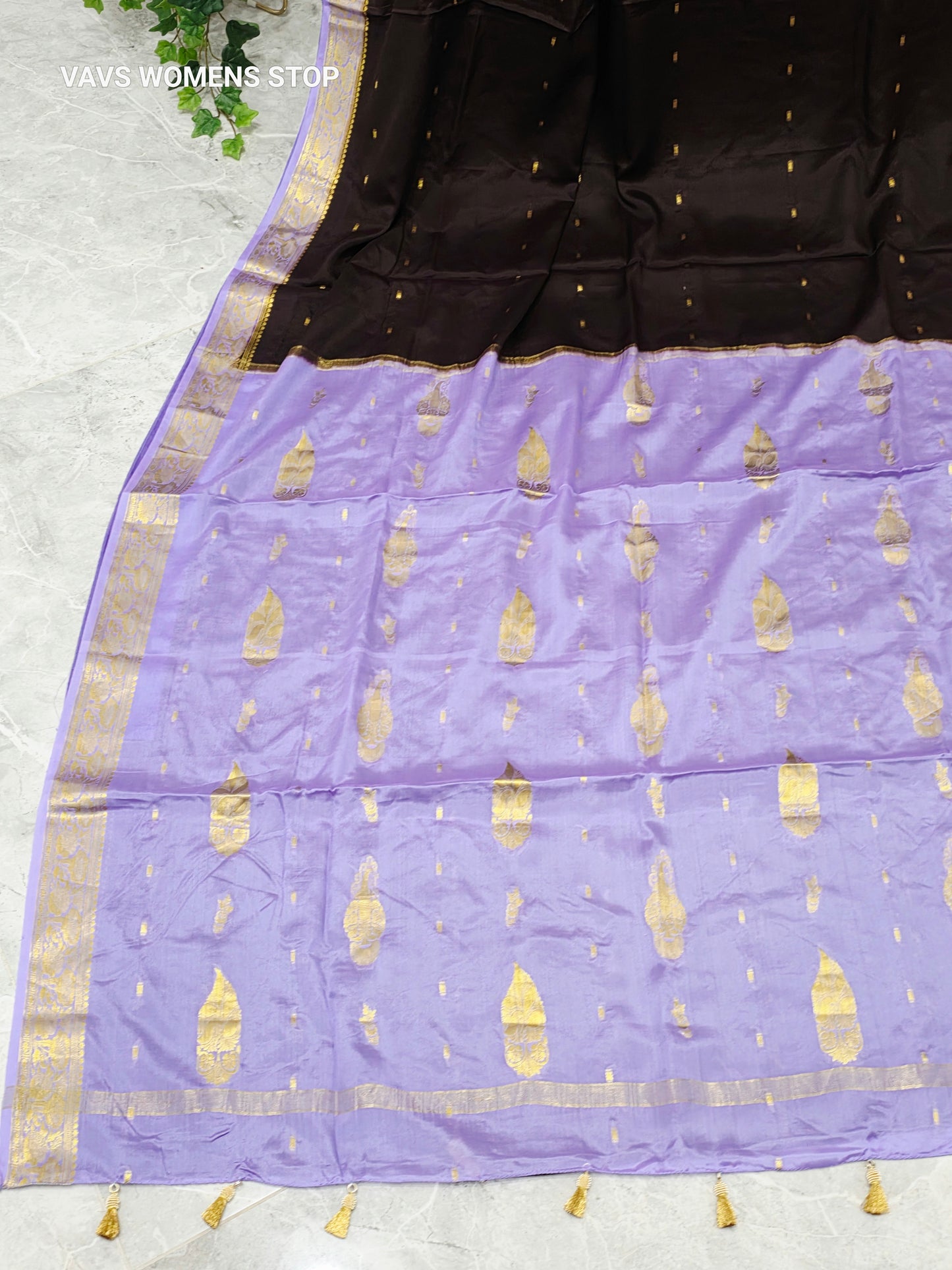 Coffee Brown & Lilac Lavender Pure Mysore Crepe Silk Saree, 75 GSM, with Gold Butta & Stitched Blouse Size 38, Extendable to 44