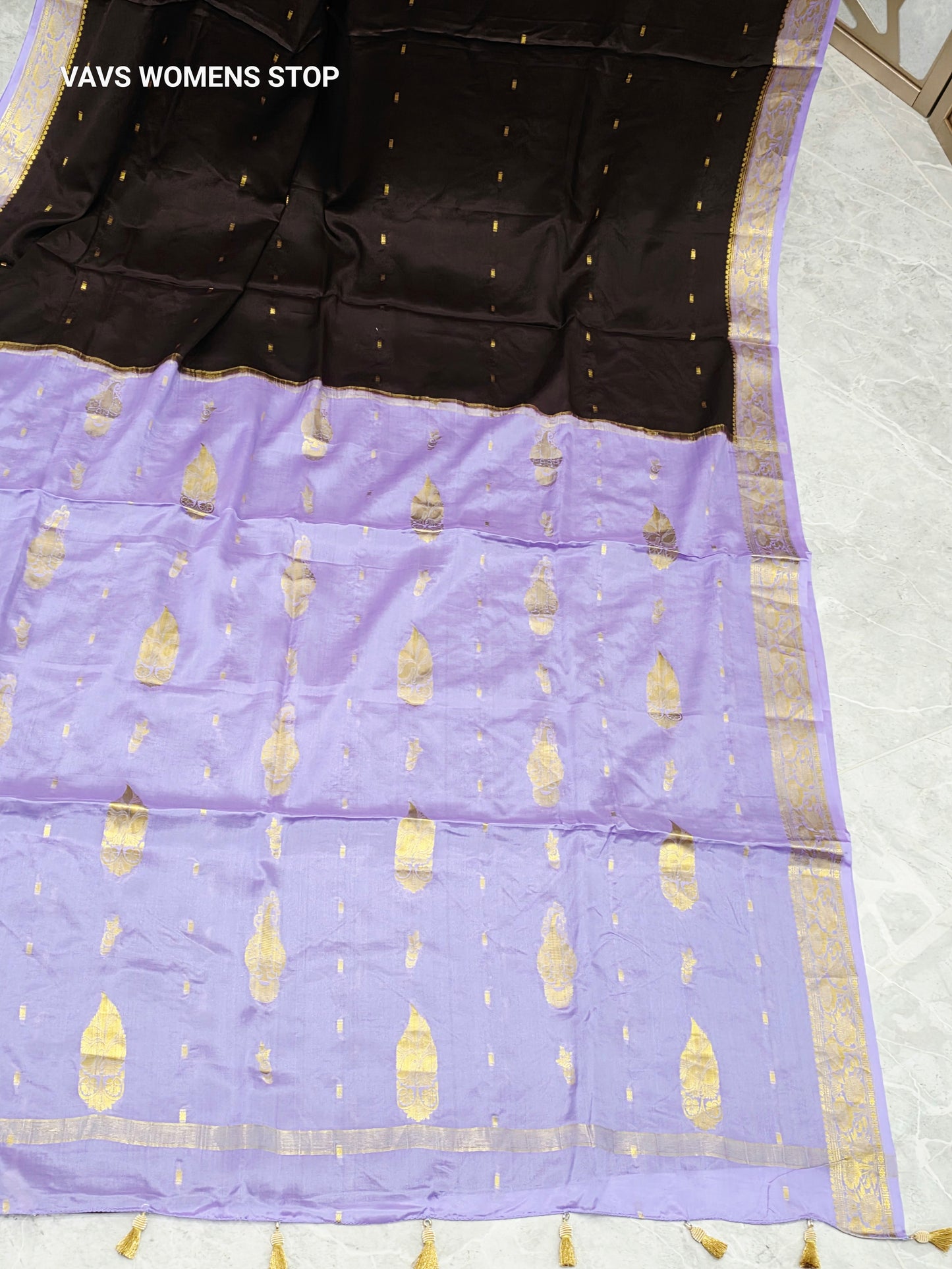 Coffee Brown & Lilac Lavender Pure Mysore Crepe Silk Saree, 75 GSM, with Gold Butta & Stitched Blouse Size 38, Extendable to 44