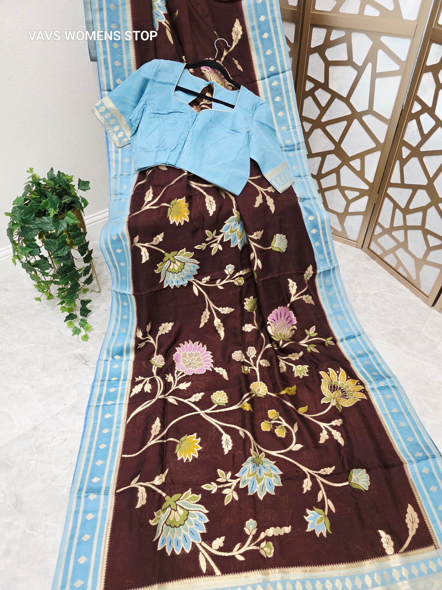 Royal Espresso Brown & Ice Blue Soft Blended Benarasi Silk Jamdani Floral Saree with Stitched Blouse Size 42, Extendable to 48
