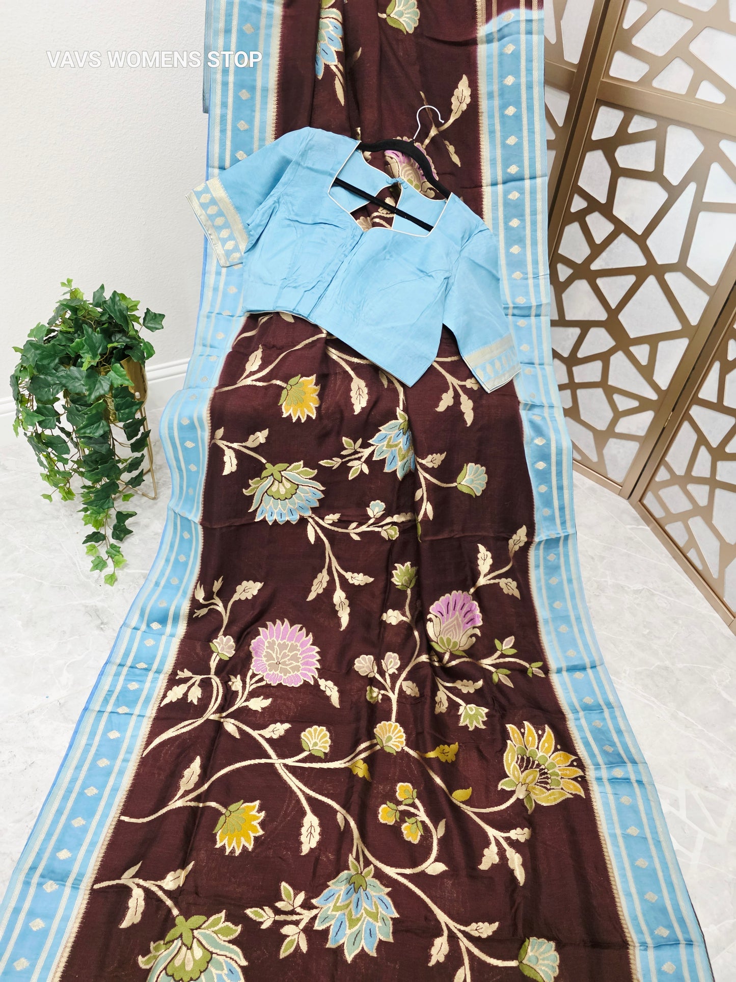 Royal Espresso Brown & Ice Blue Soft Blended Benarasi Silk Jamdani Floral Saree with Stitched Blouse Size 42, Extendable to 48