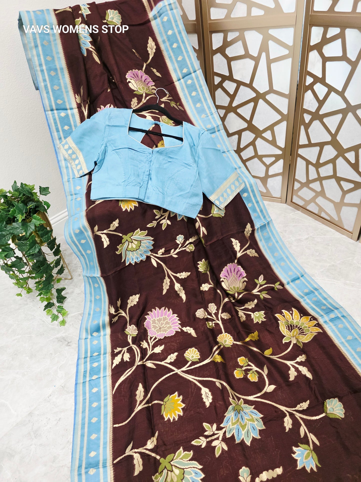 Royal Espresso Brown & Ice Blue Soft Blended Benarasi Silk Jamdani Floral Saree with Stitched Blouse Size 42, Extendable to 48
