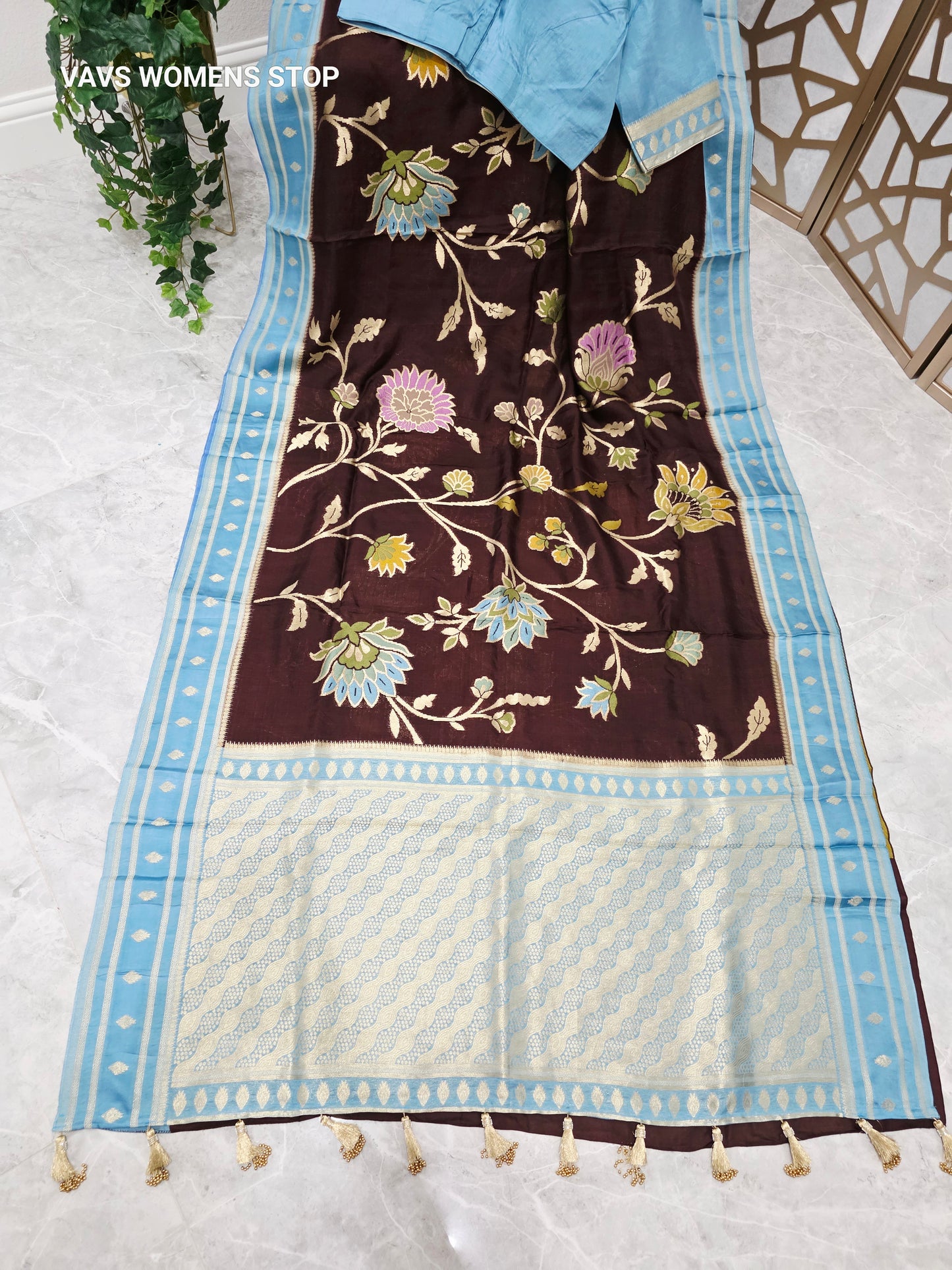 Royal Espresso Brown & Ice Blue Soft Blended Benarasi Silk Jamdani Floral Saree with Stitched Blouse Size 42, Extendable to 48