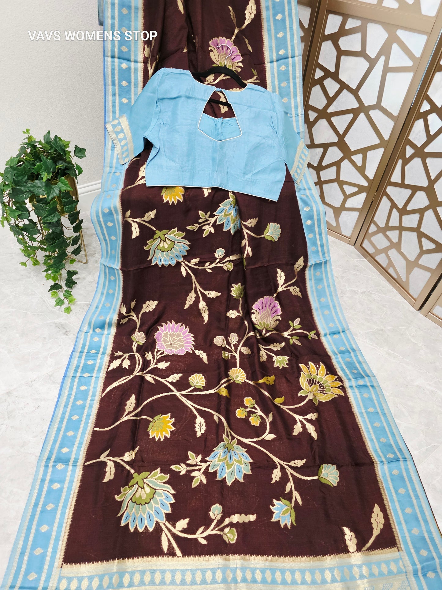 Royal Espresso Brown & Ice Blue Soft Blended Benarasi Silk Jamdani Floral Saree with Stitched Blouse Size 42, Extendable to 48