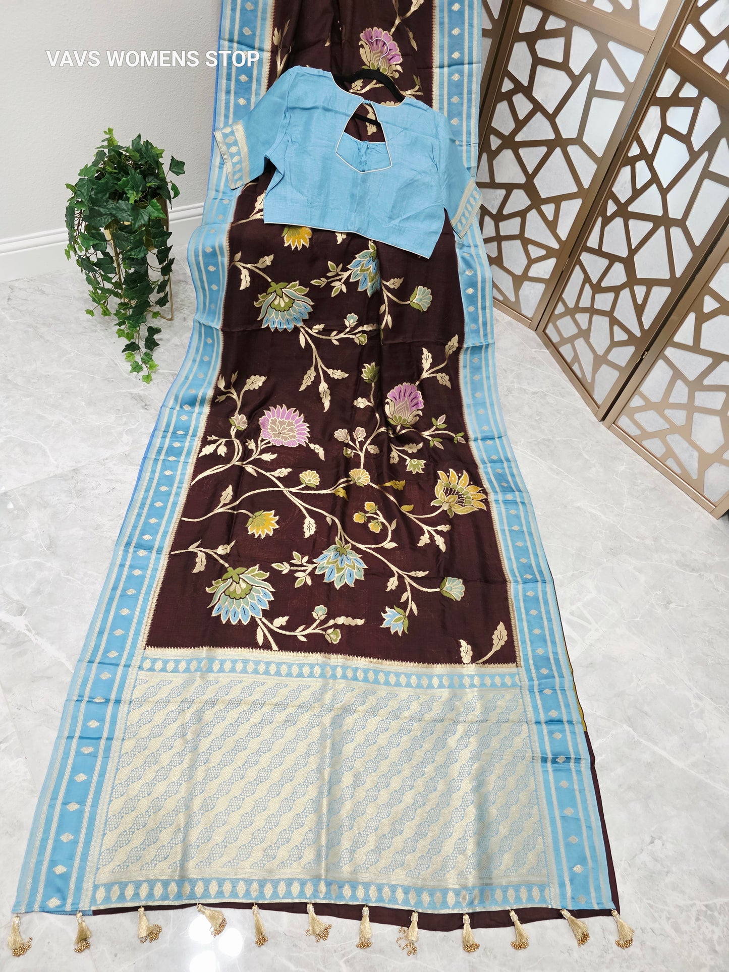 Royal Espresso Brown & Ice Blue Soft Blended Benarasi Silk Jamdani Floral Saree with Stitched Blouse Size 42, Extendable to 48