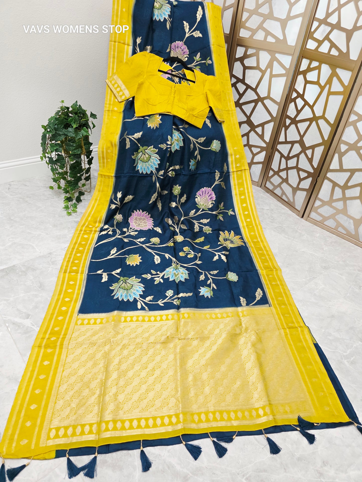 Midnight Sapphire Blue & Sunshine Yellow Soft Blended Benarasi Silk Jamdani Floral Saree with Stitched Blouse Size 38, Extendable to 44