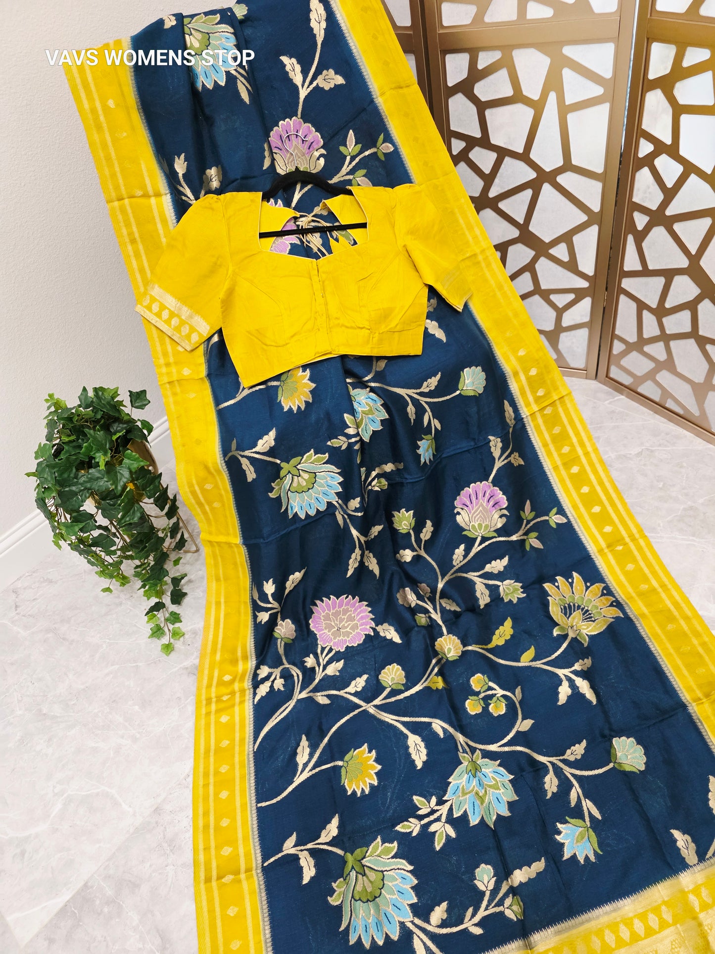Midnight Sapphire Blue & Sunshine Yellow Soft Blended Benarasi Silk Jamdani Floral Saree with Stitched Blouse Size 38, Extendable to 44