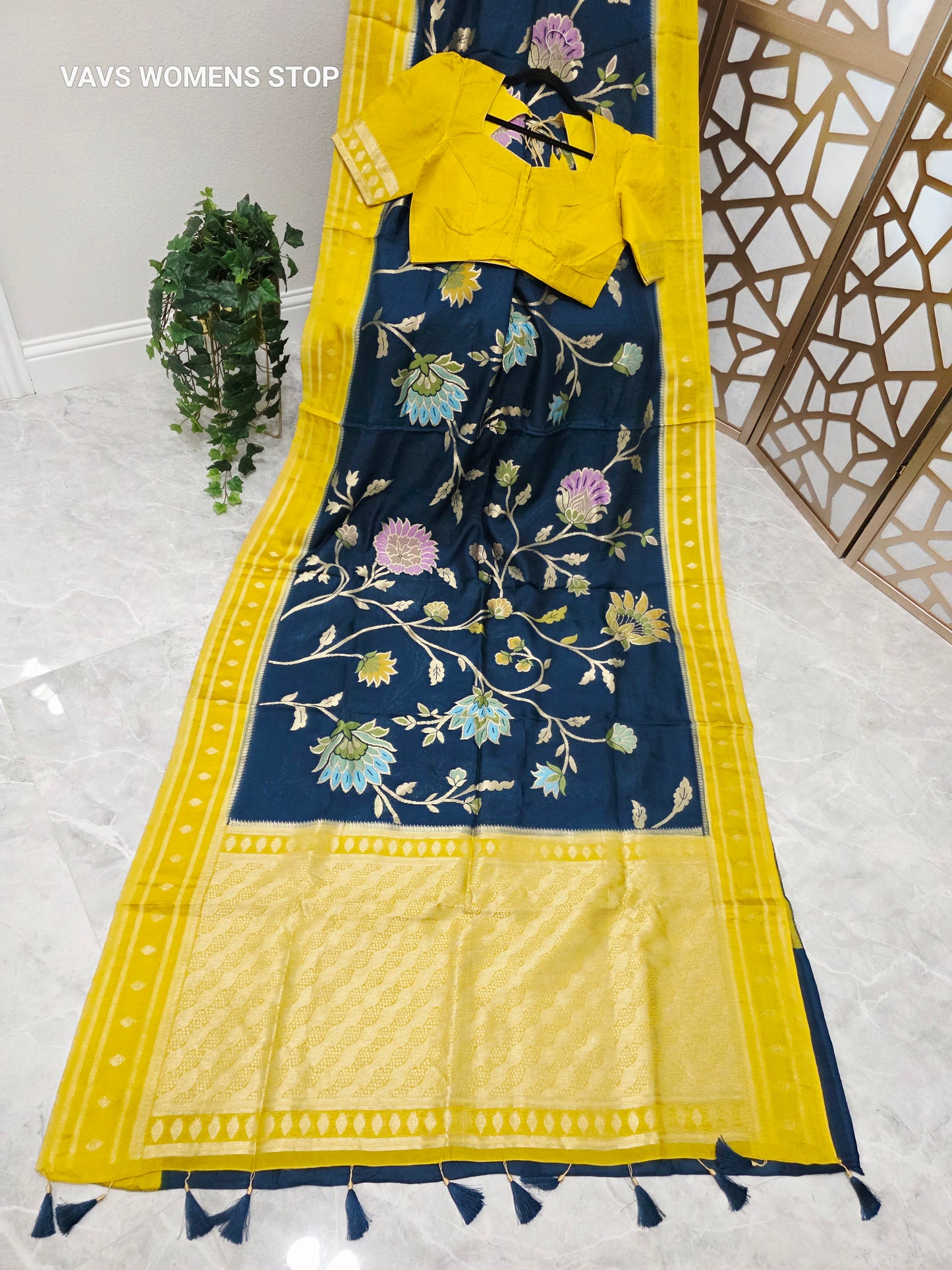 Midnight Sapphire Blue & Sunshine Yellow Soft Blended Benarasi Silk Jamdani Floral Saree with Stitched Blouse Size 38, Extendable to 44