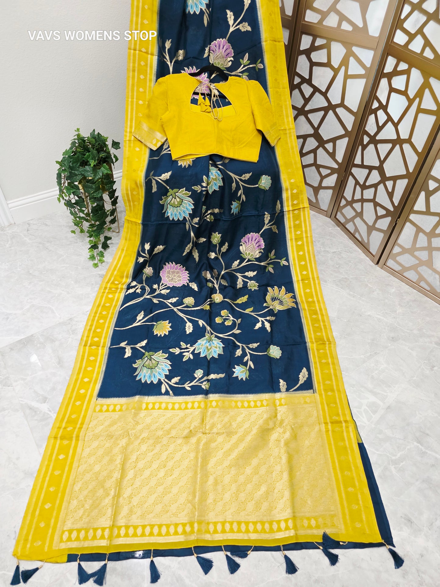 Midnight Sapphire Blue & Sunshine Yellow Soft Blended Benarasi Silk Jamdani Floral Saree with Stitched Blouse Size 38, Extendable to 44