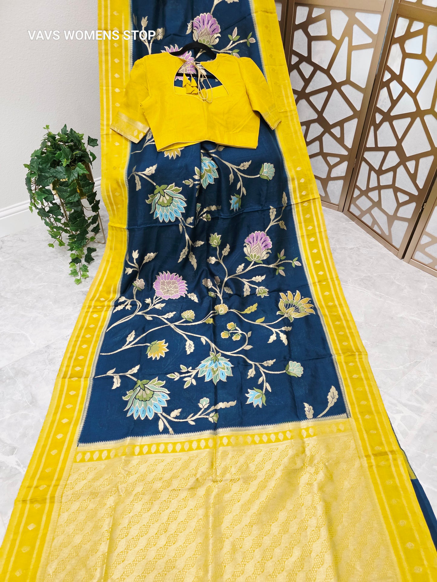 Midnight Sapphire Blue & Sunshine Yellow Soft Blended Benarasi Silk Jamdani Floral Saree with Stitched Blouse Size 38, Extendable to 44