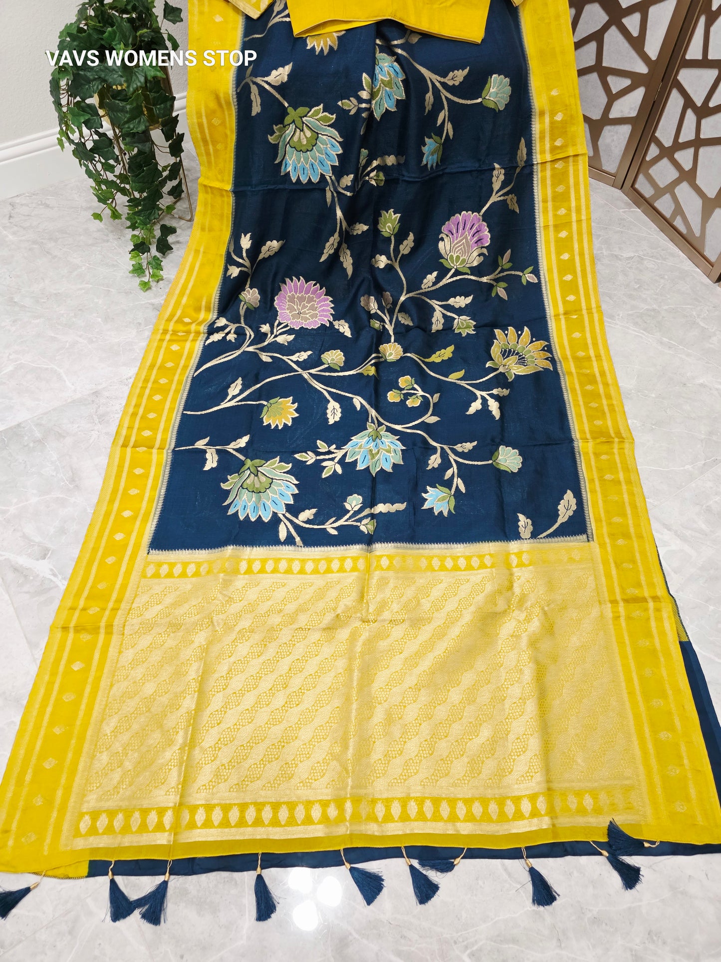 Midnight Sapphire Blue & Sunshine Yellow Soft Blended Benarasi Silk Jamdani Floral Saree with Stitched Blouse Size 38, Extendable to 44