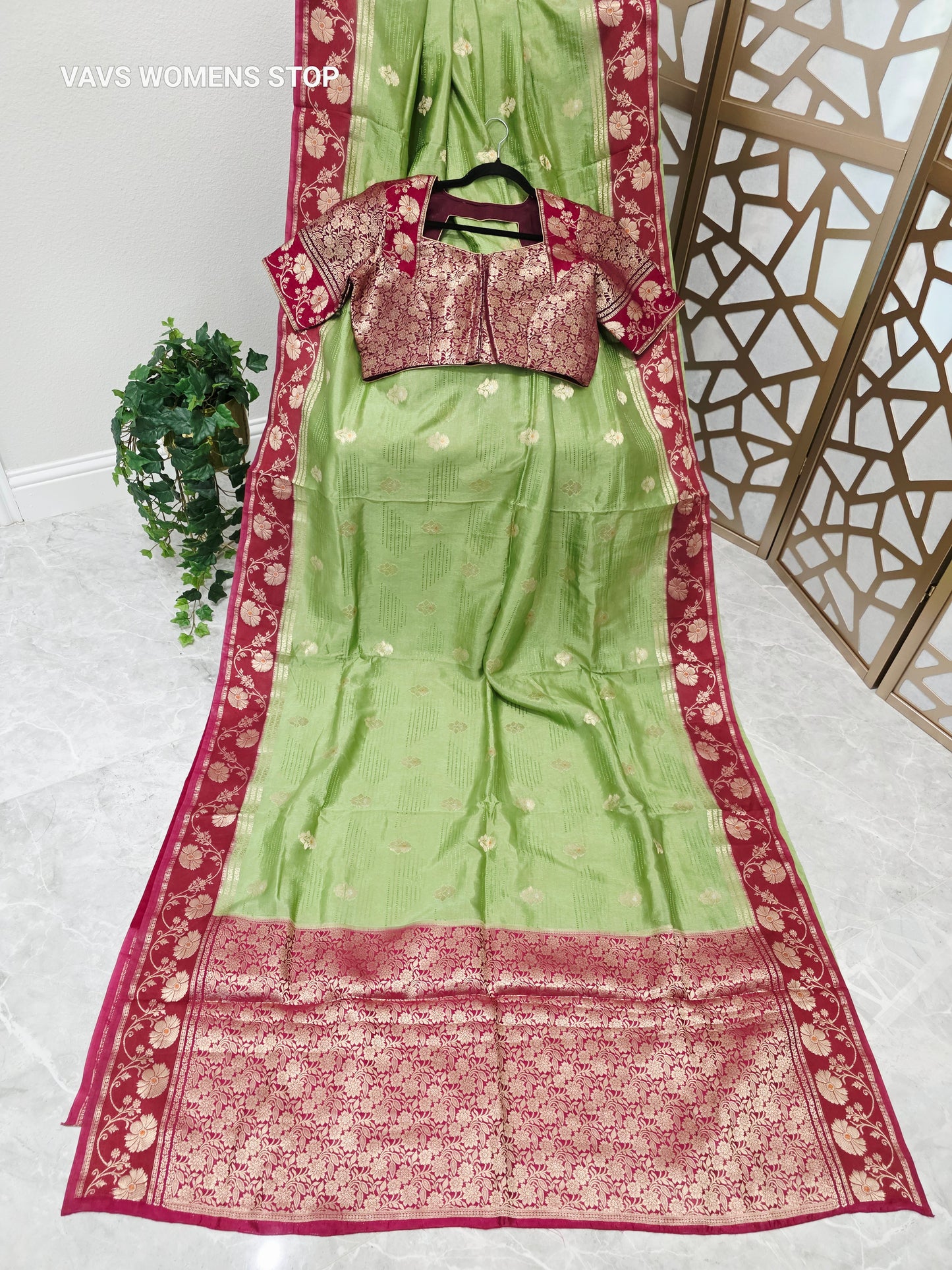 Pistachio Green Soft Benarasi Silk Saree with Wine Maroon Floral Border & Gold Brocade Pallu | Stitched Brocade Blouse Size 42, Extendable to 48